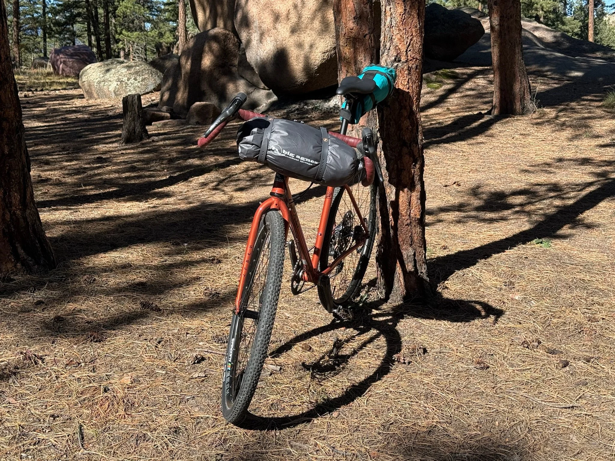   The Straggler is outfitted with a handlebar bag and other bikepacking gear while parked in a wooded campsite.  