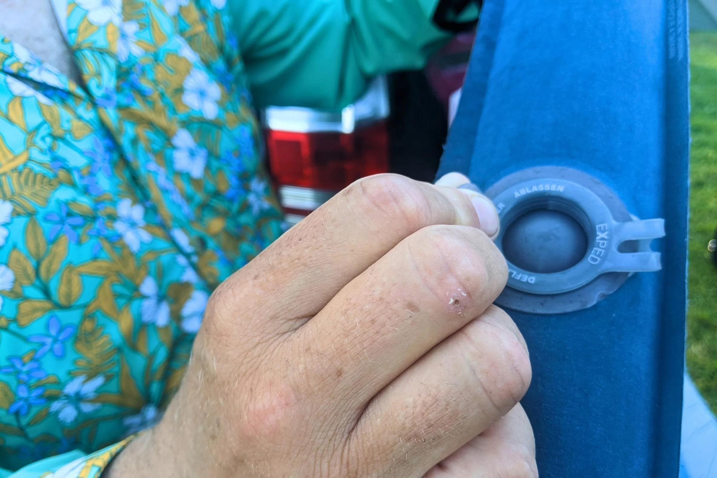   A close-up of the EXPED MegaMat’s inflation valve shows the simple valve design used to inflate and adjust the mattress.  