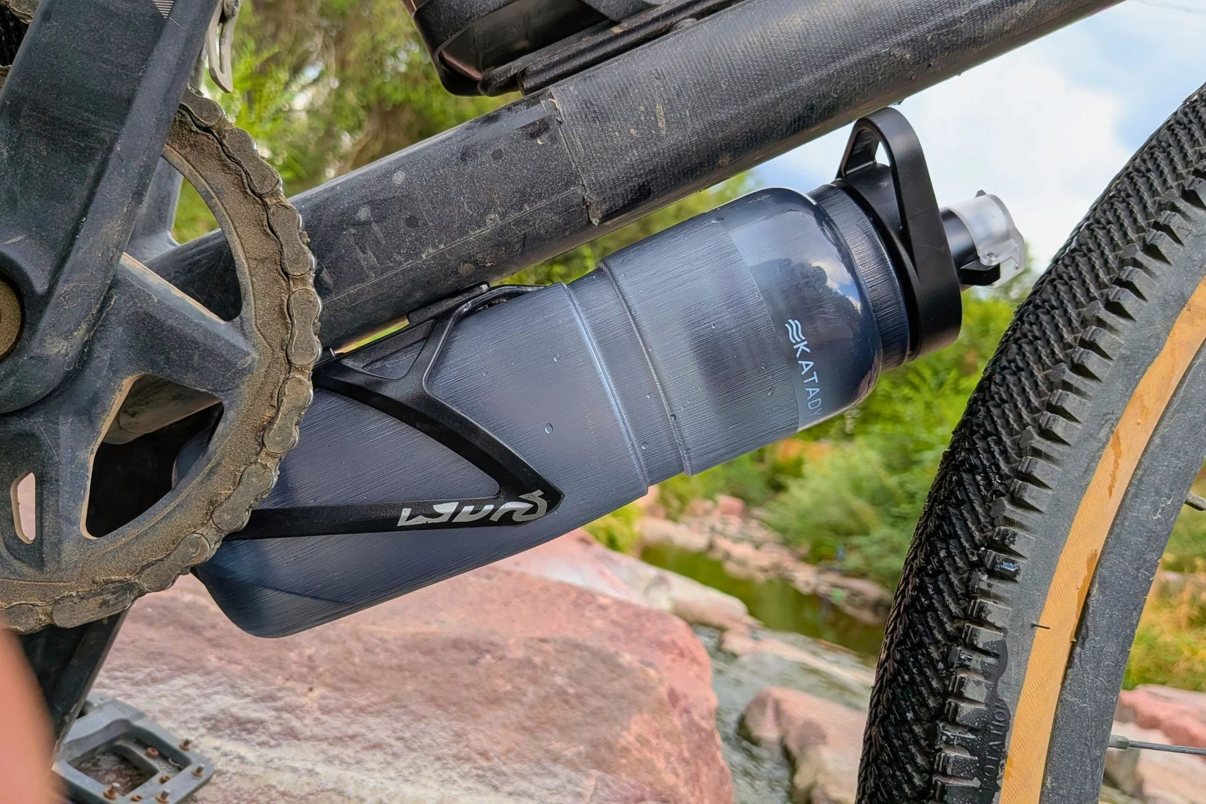   The Katadyn BeFree AC Bottle fits securely into a bike’s bottle cage, making the integrated water filter easy to carry without taking up space elsewhere in a bikepacking setup.  