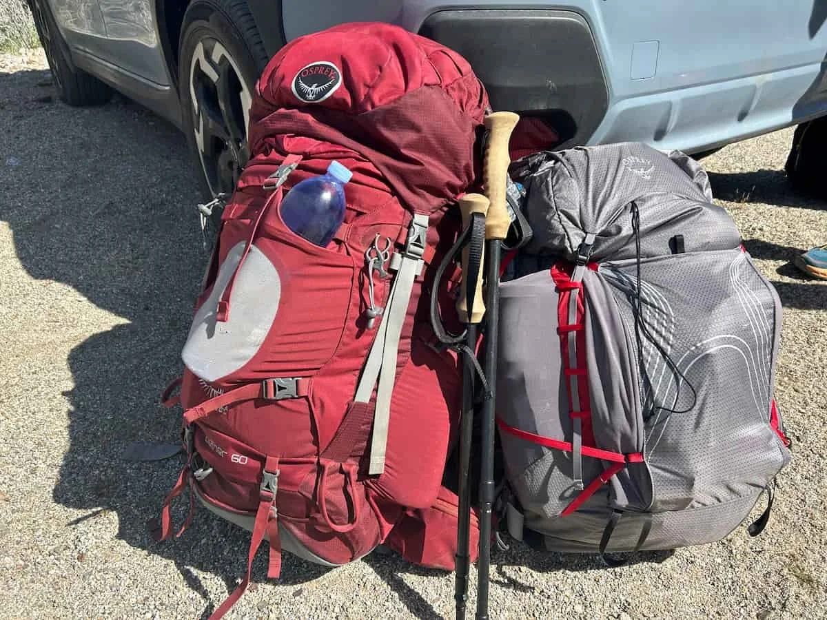   Comparison of the Osprey Aether 60 (left) with the minimalist Osprey Eja Pro 55 (right). Both are fully loaded for an overnight backpacking trip in Anza-Borrego Desert.  