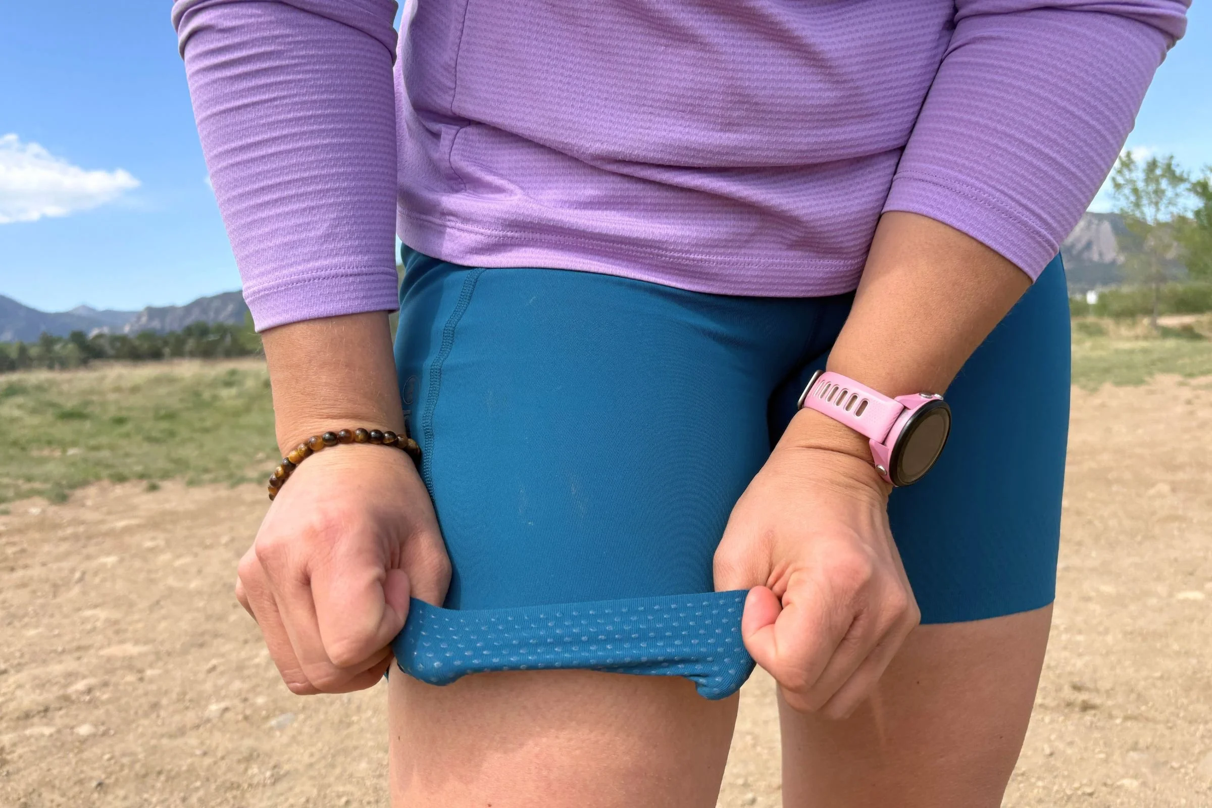   The silicone gripper inside the Janji Pace Shorts’ leg opening helps keep the hems from riding up, a useful detail for runners logging long distances.  