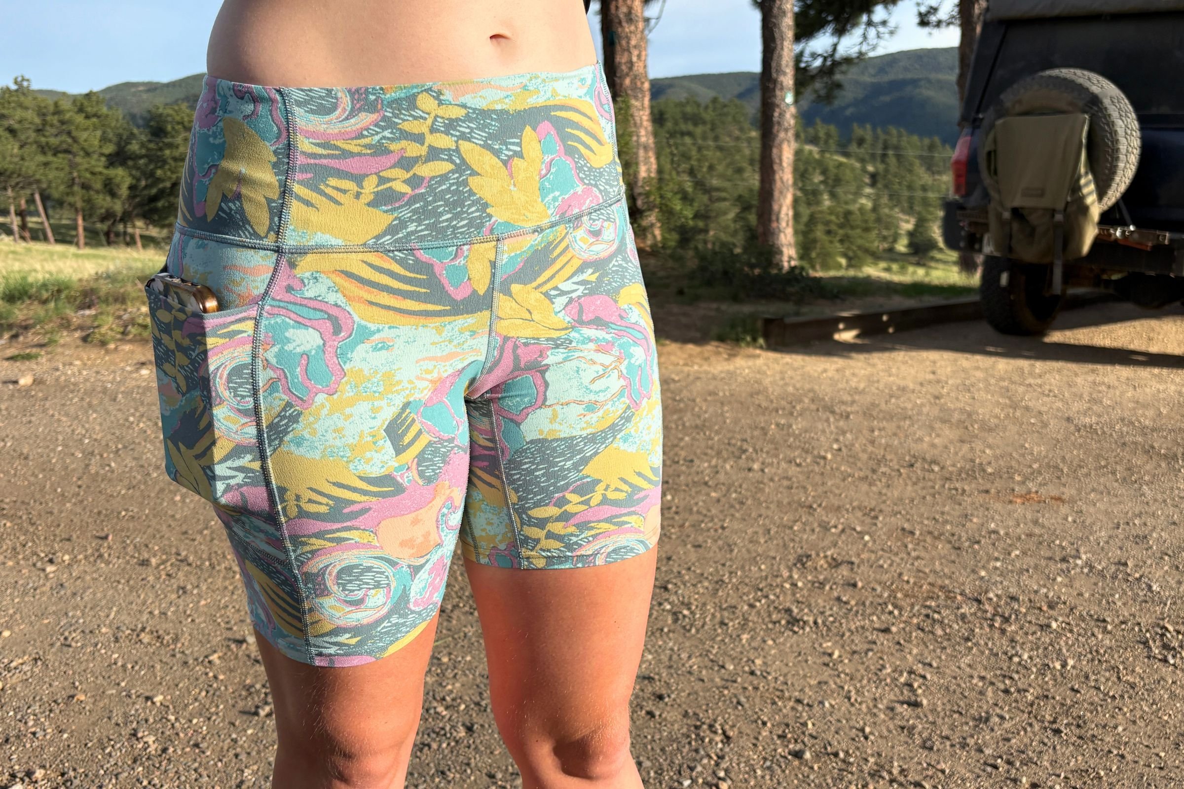   The Patagonia Maipo shorts have a close, next-to-skin fit, with the colorful fabric and high waistband visible in this detail shot.  