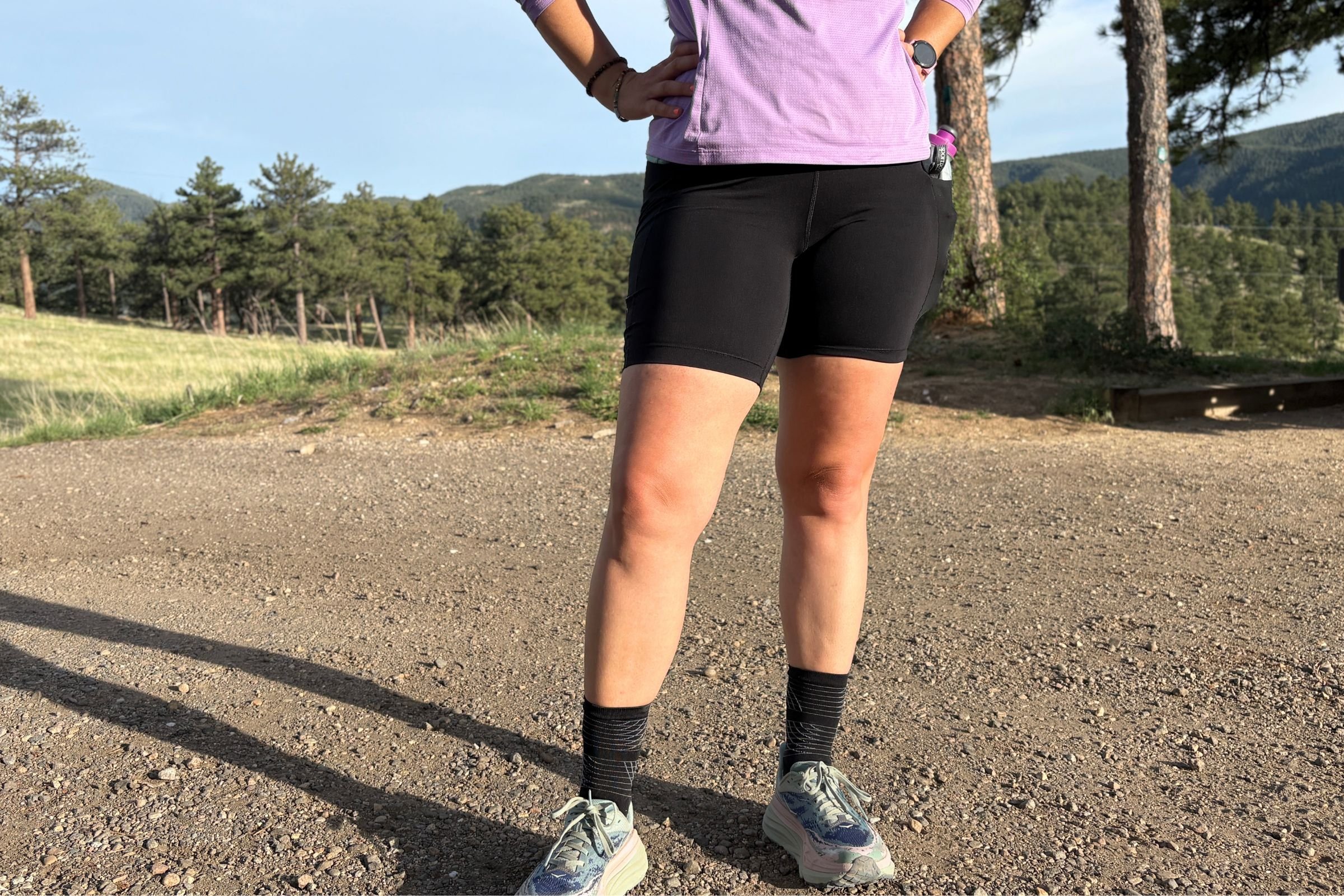   The Arc’teryx Essent High-Rise Utility shorts sit close to the body, with silicone grippers inside the leg openings to keep the shorts from riding up.  