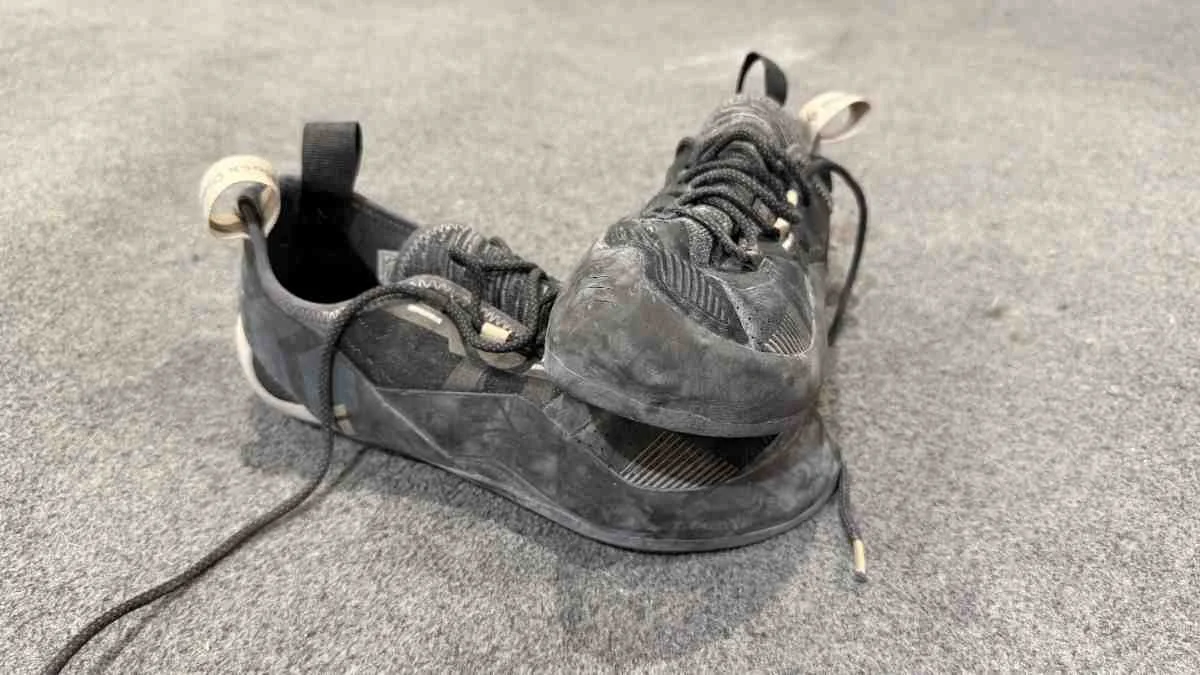   A well-used older model Black Diamond Momentum—the strap version wins our Best Velcro beginner climbing shoe award   