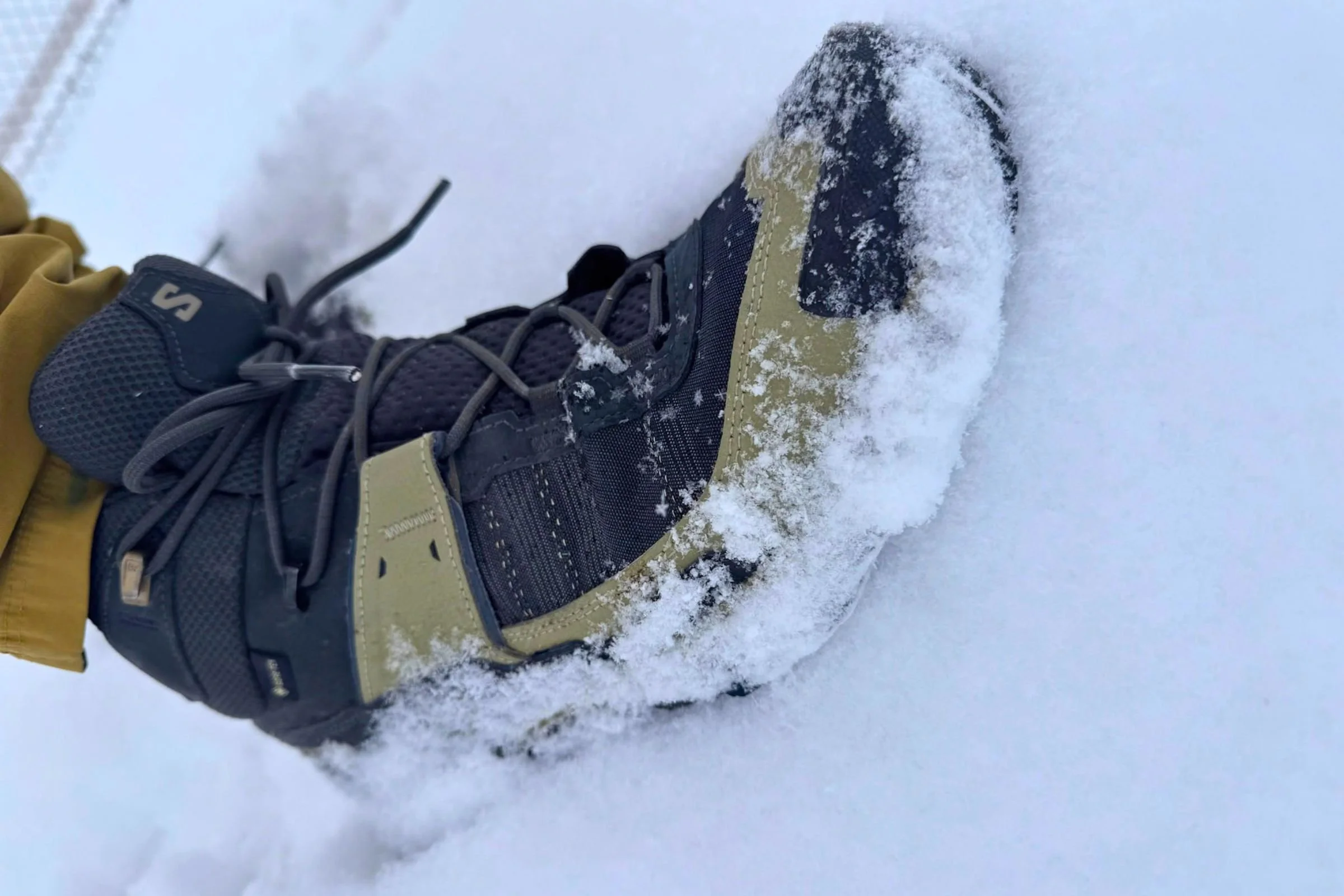   The GORE-TEX Salomon X Ultra 5 Mid GTX hiking boots kept our feet dry in snowy conditions while remaining more breathable than heavier waterproof boots.  
