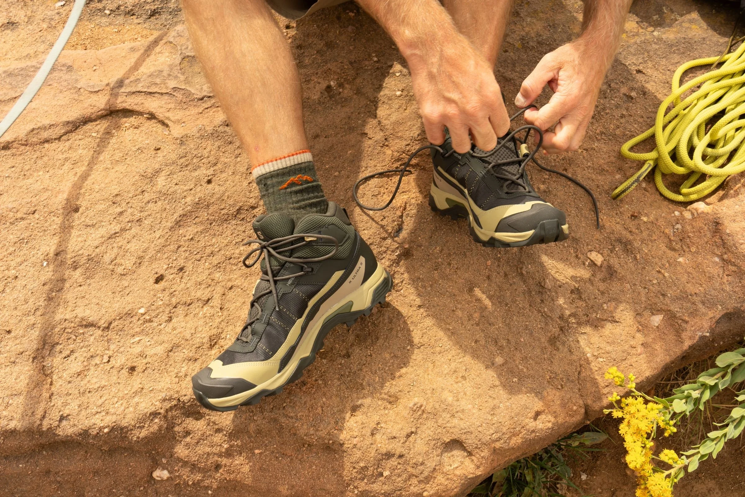   The Salomon X Ultra 5 Mid GTX hiking boots have a spacious toe box and supportive mid-height design for comfort on long hikes.  