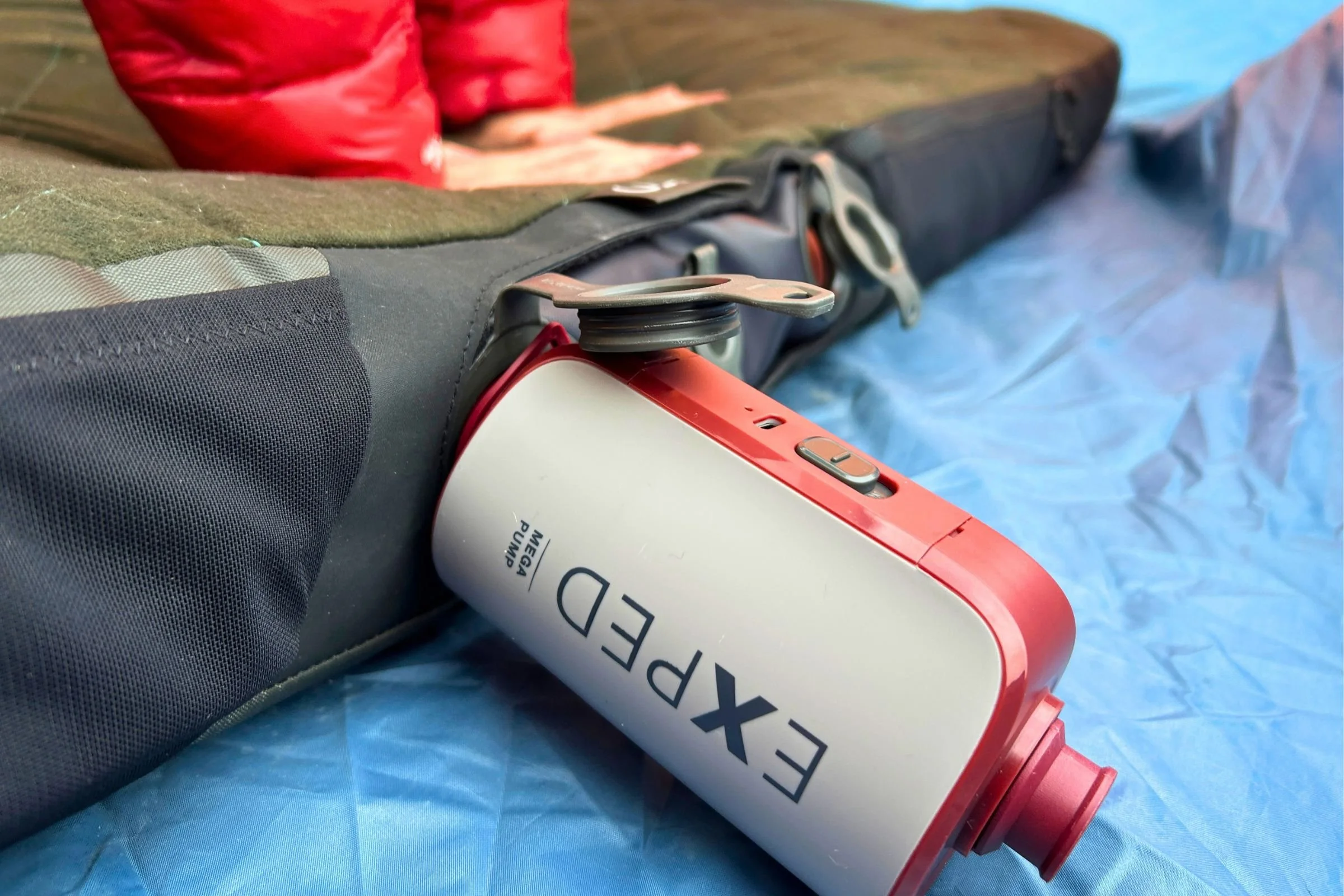   The EXPED Mega Pump connects directly to an EXPED MegaMat and can inflate even queen-sized camping mattresses in about three minutes.  