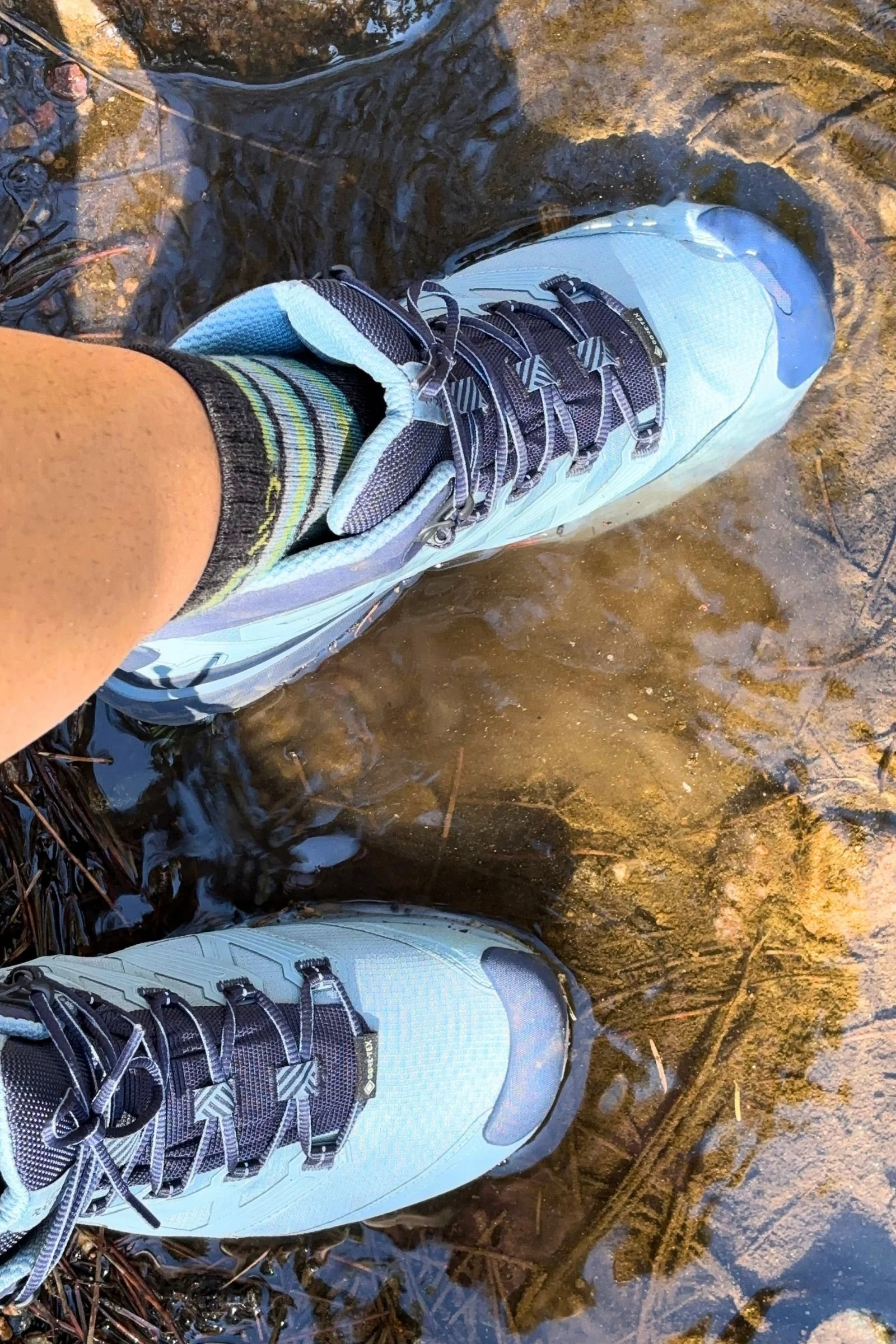  The La Sportiva Ultra Raptor 3 Mid GTX keeps feet protected during wet crossings, with waterproofing and grippy traction for slippery terrain.  