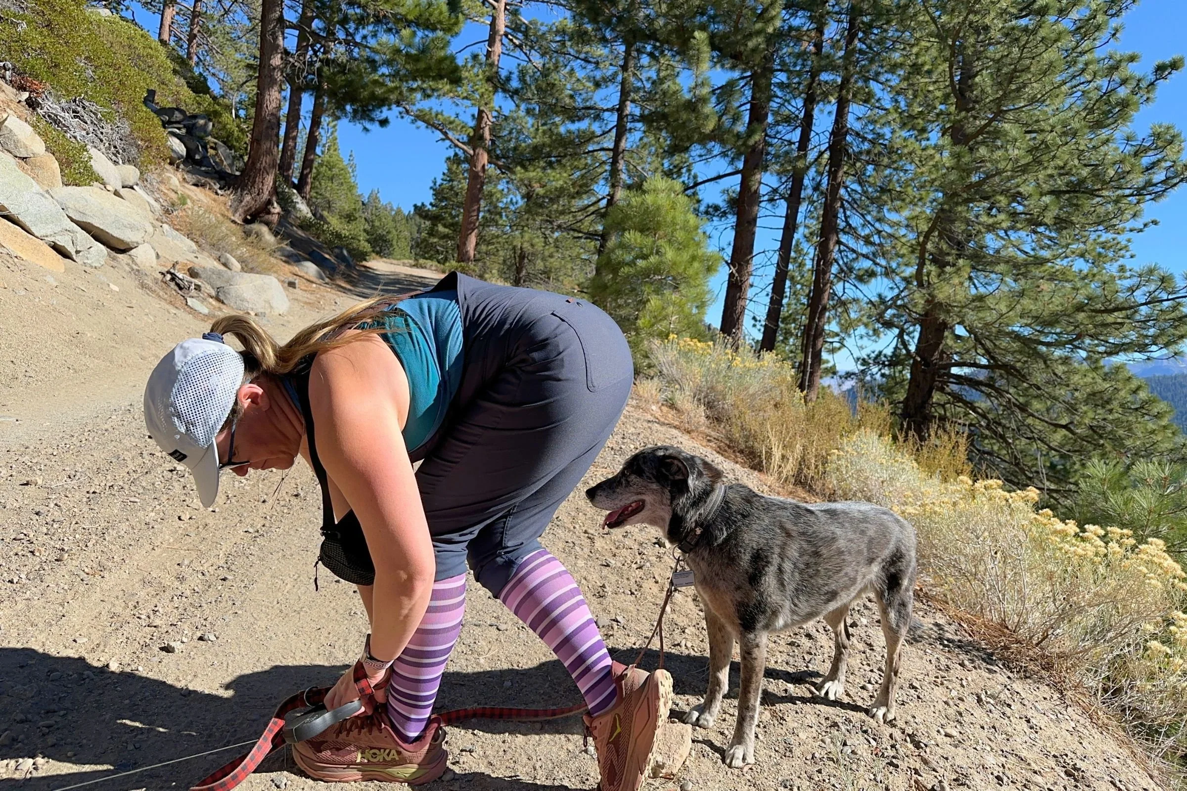   A hiker wearing the OS1st Wellness Compression Socks bends down to adjust her shoe while a dog stands nearby. The socks provide light calf compression and cushioned heels and forefeet without the tighter, targeted support of performance running soc