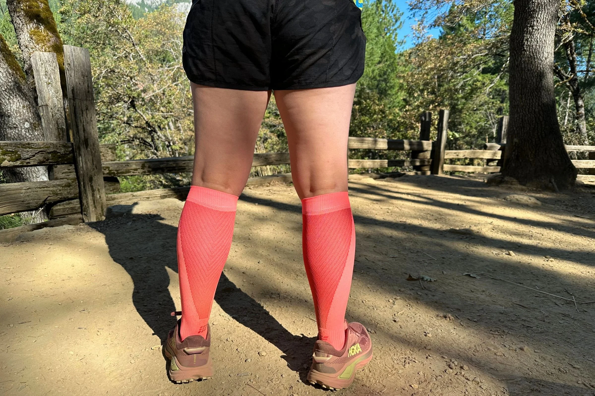   A rear view of the CEP Core Run Ultralight Tall Compression Socks shows their close-fitting, knee-high design. The socks stayed comfortably in place during runs of more than 10 miles and trail outings lasting eight hours or longer.  