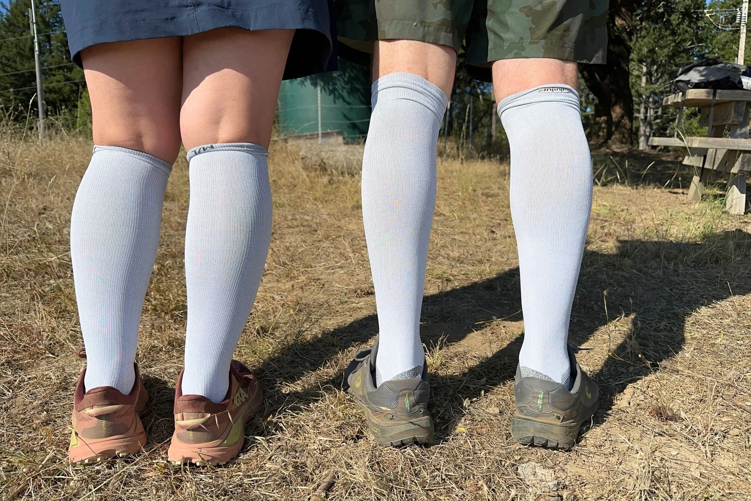   A rear view of the Injinji Compression Over the Calf Socks shows their knee-high fit and snug upper bands, which testers found tighter than those on other compression socks they tried.  