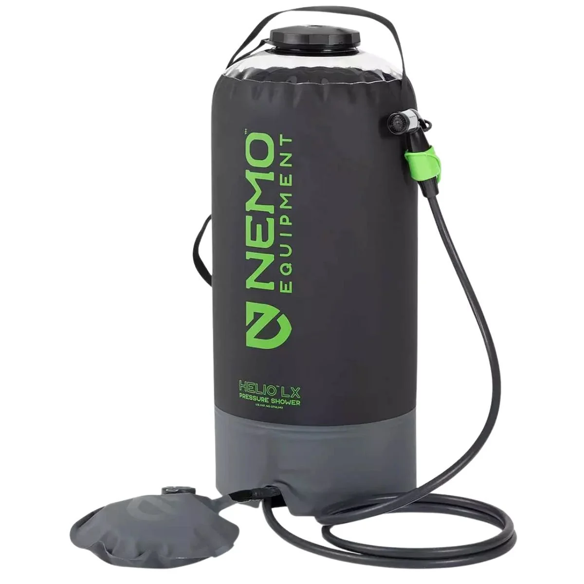 The NEMO Helio LX Portable Pressure Shower in grey with green accents.