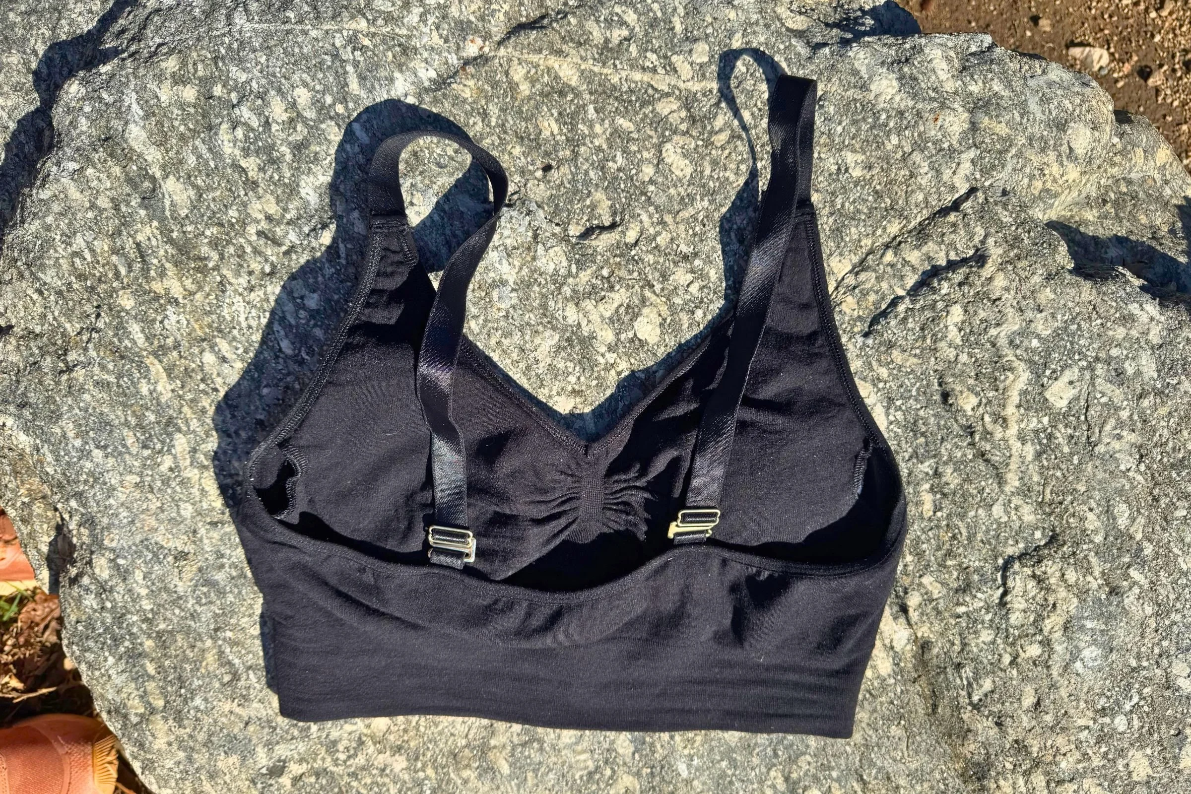 A closeup of the back of the BRANWYN Essential Supreme bra, showing its adjustable straps.