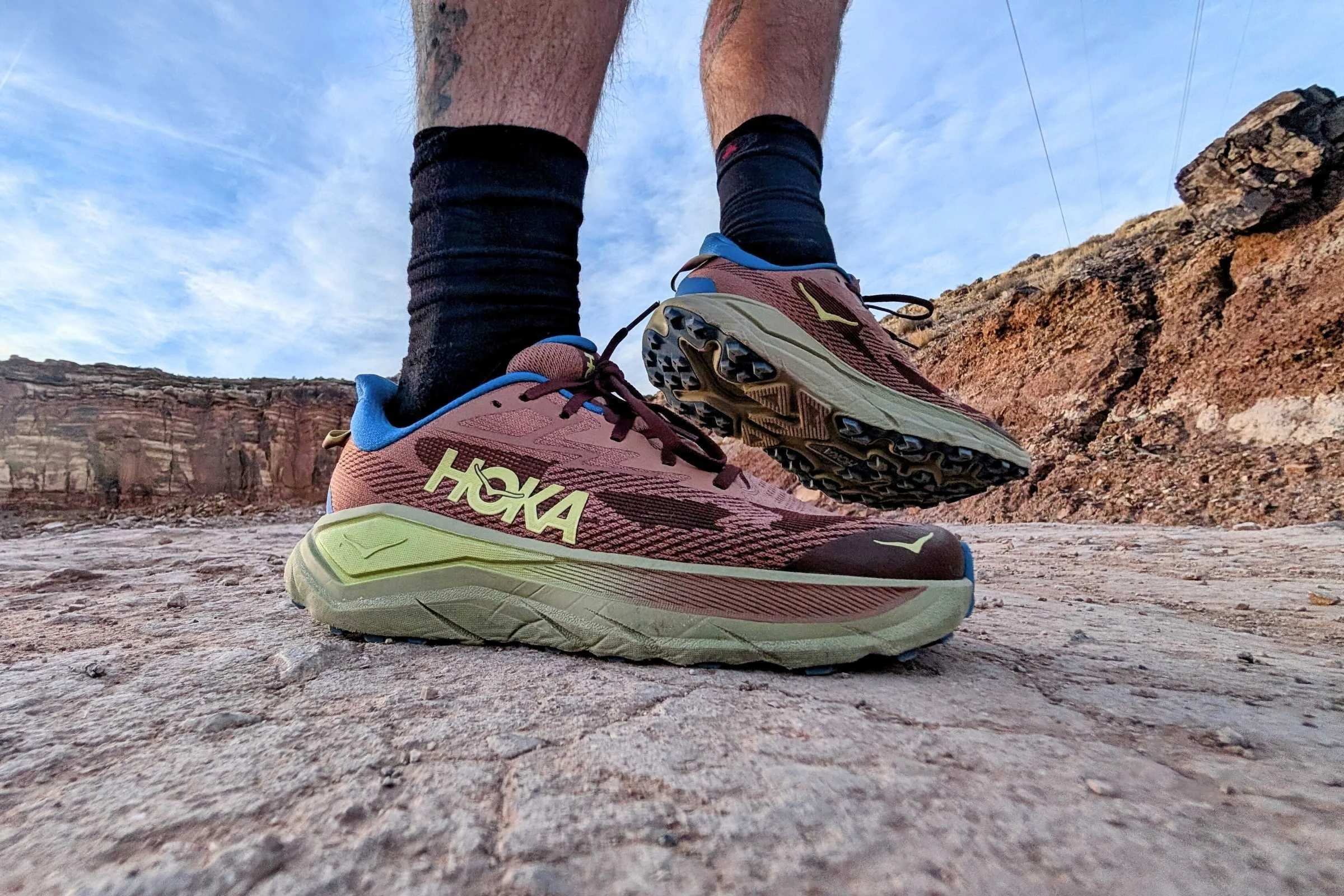 close-up of the HOKA Challenger 8 on a rocky desert surface