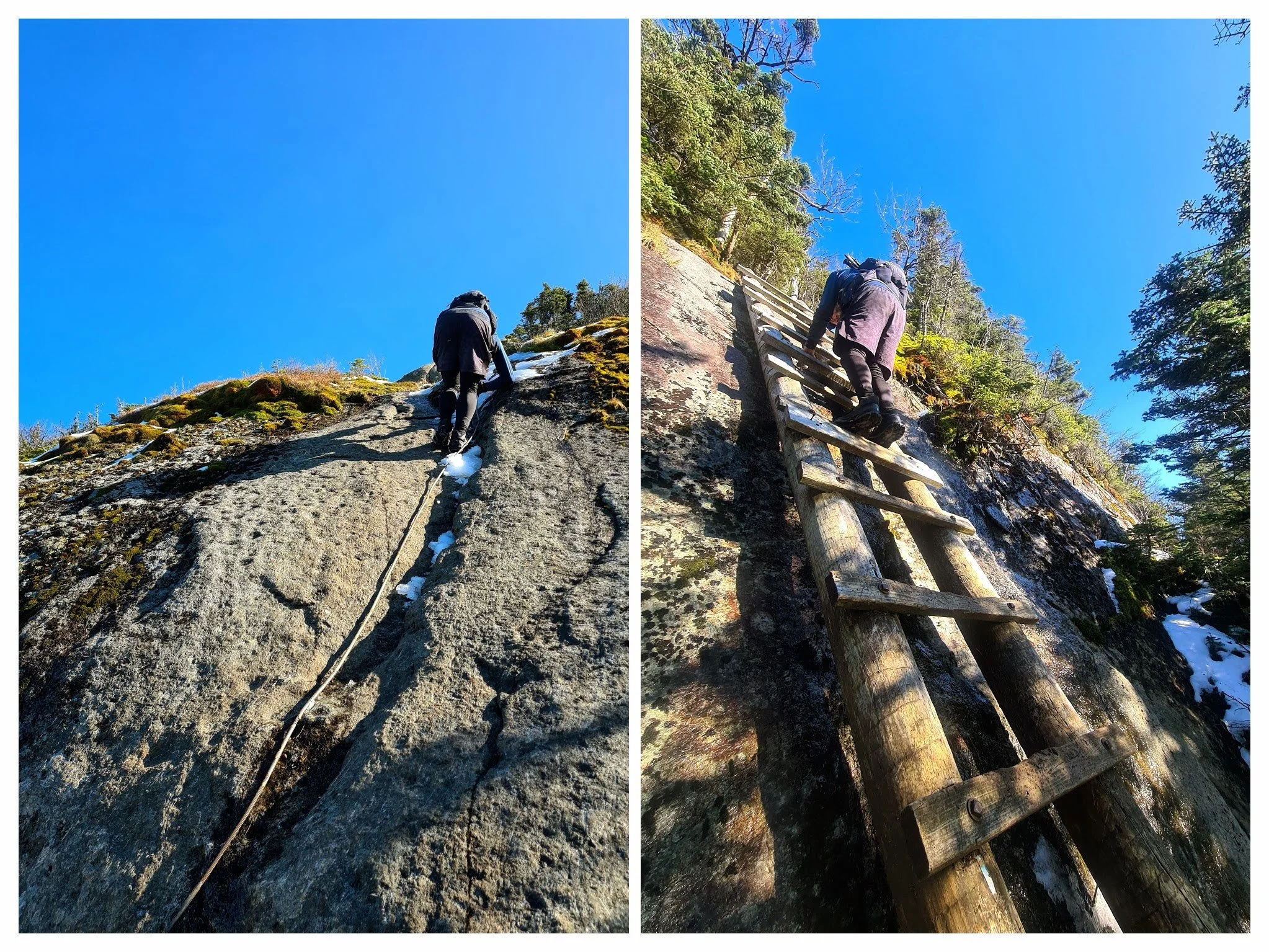 Left: Descending the cables on Gothics. Right: Descending the ladder on Basin. Photos by Aubri Drake.