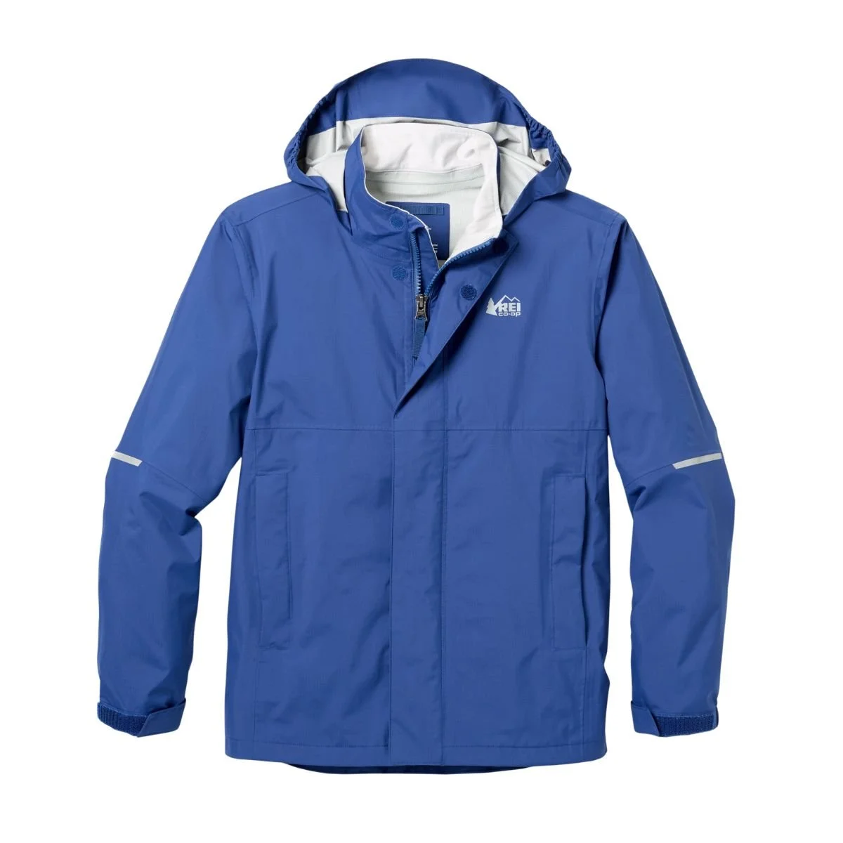 Blue REI Co-op Rainier Rain Jacket with a hood and front zipper