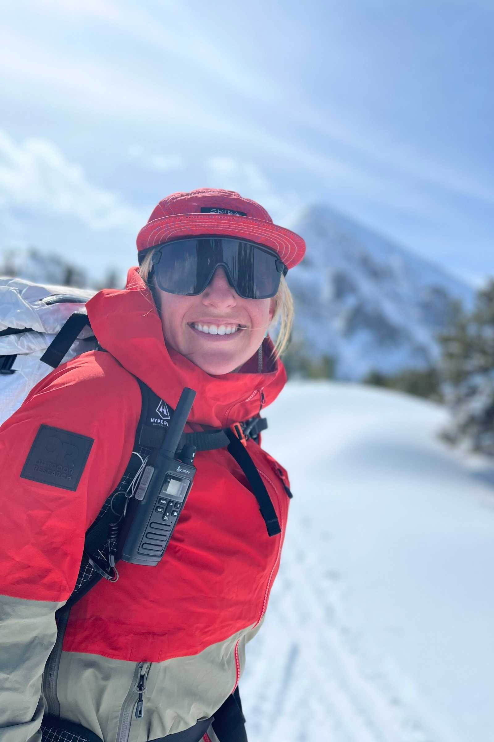 The author on a backcountry ski tour near her home in Breckenridge, CO, wearing the Hemispheres from a previous season. Photo by Jon Stockwell.