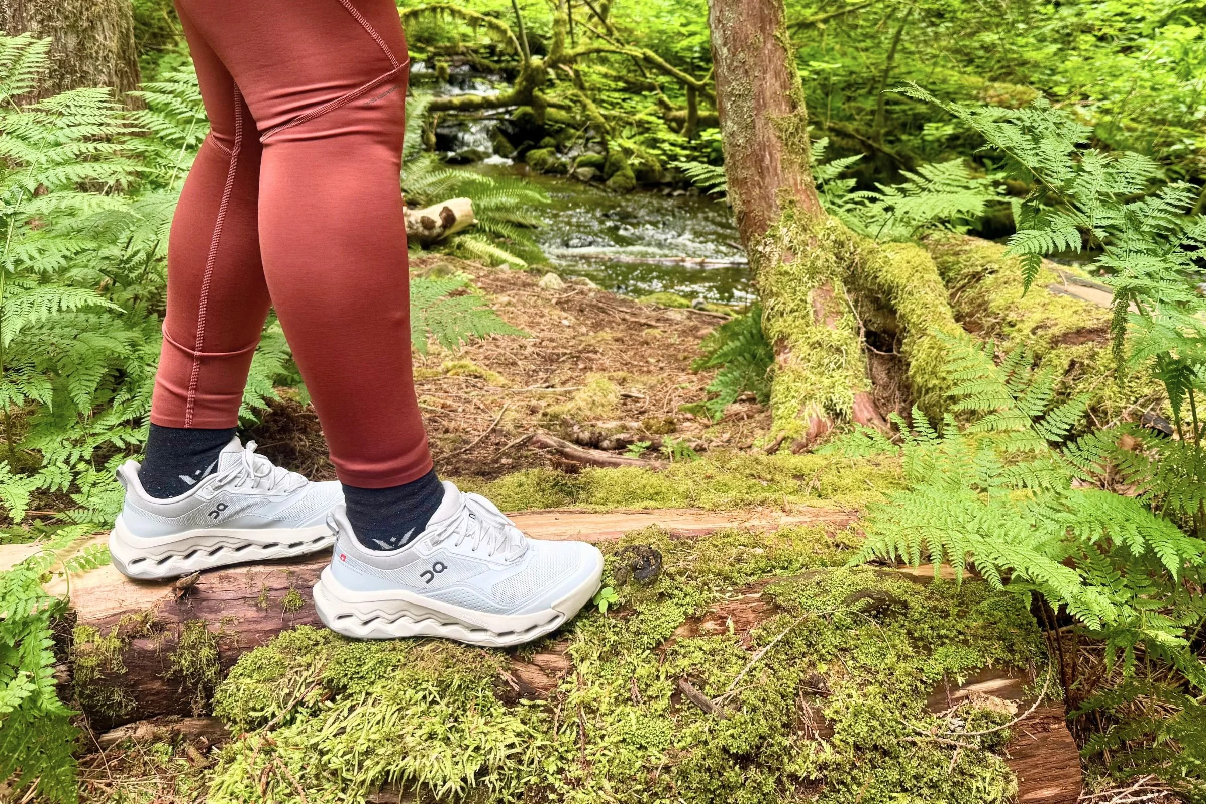Testing the On Cloudhorizon 2 on a mossy forest trail.