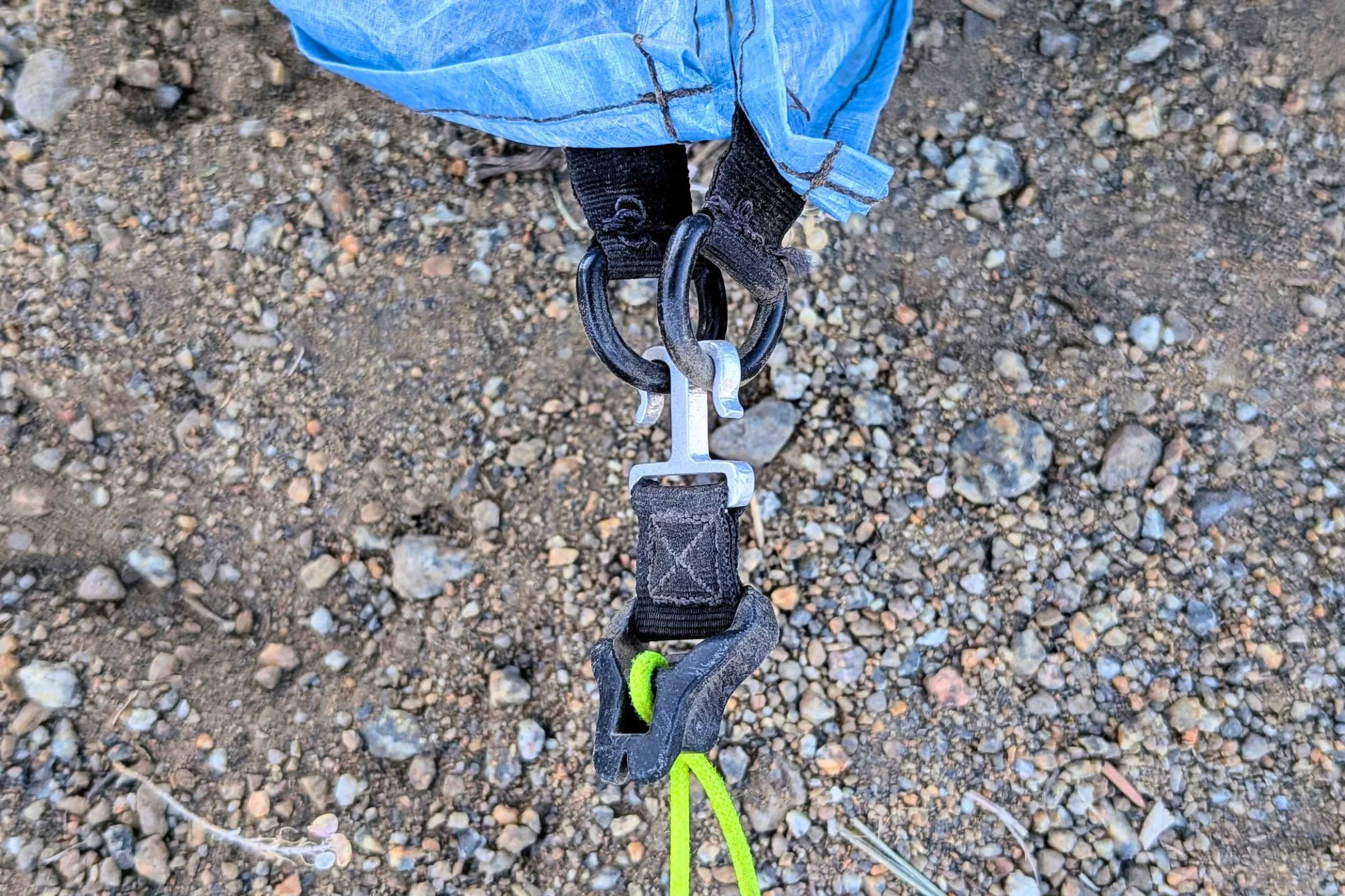 close-up view of Zpacks Hexamid Ultralight Tent attached to a carabiner