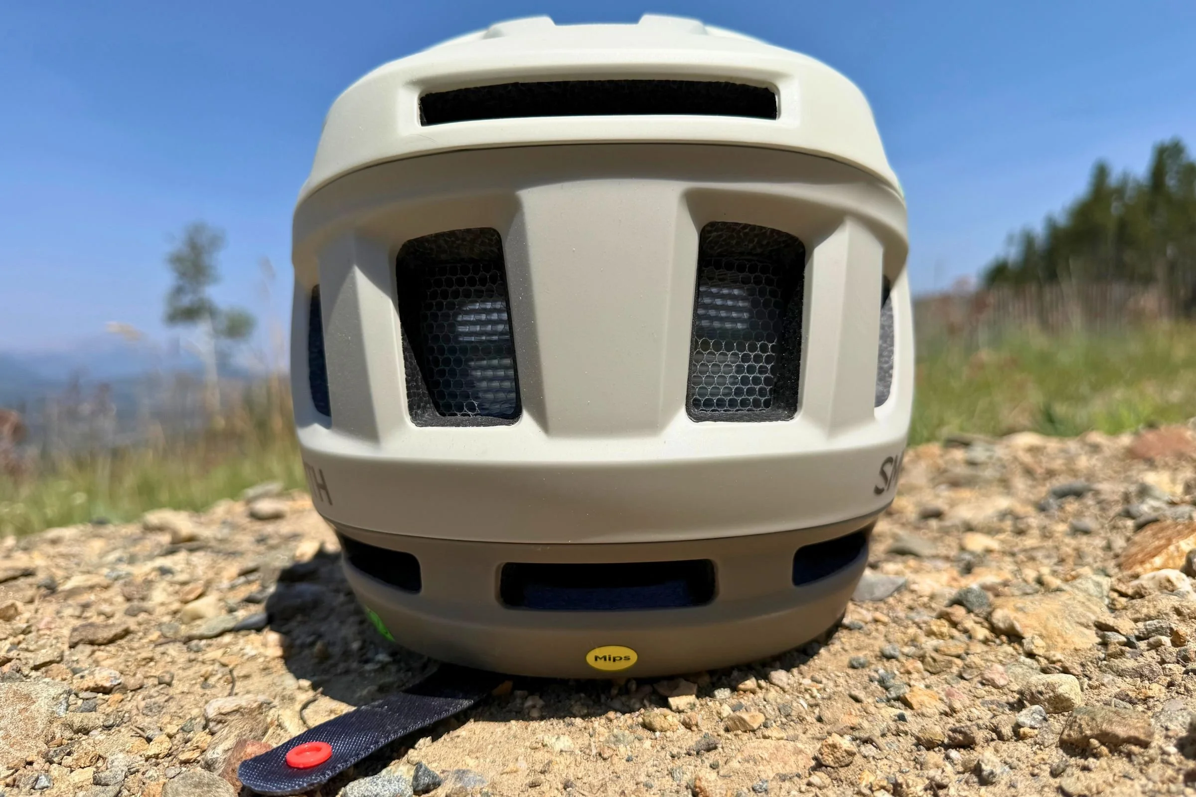 A rear view of the Smith Mainline Mips helmet with grass and trees in the background.