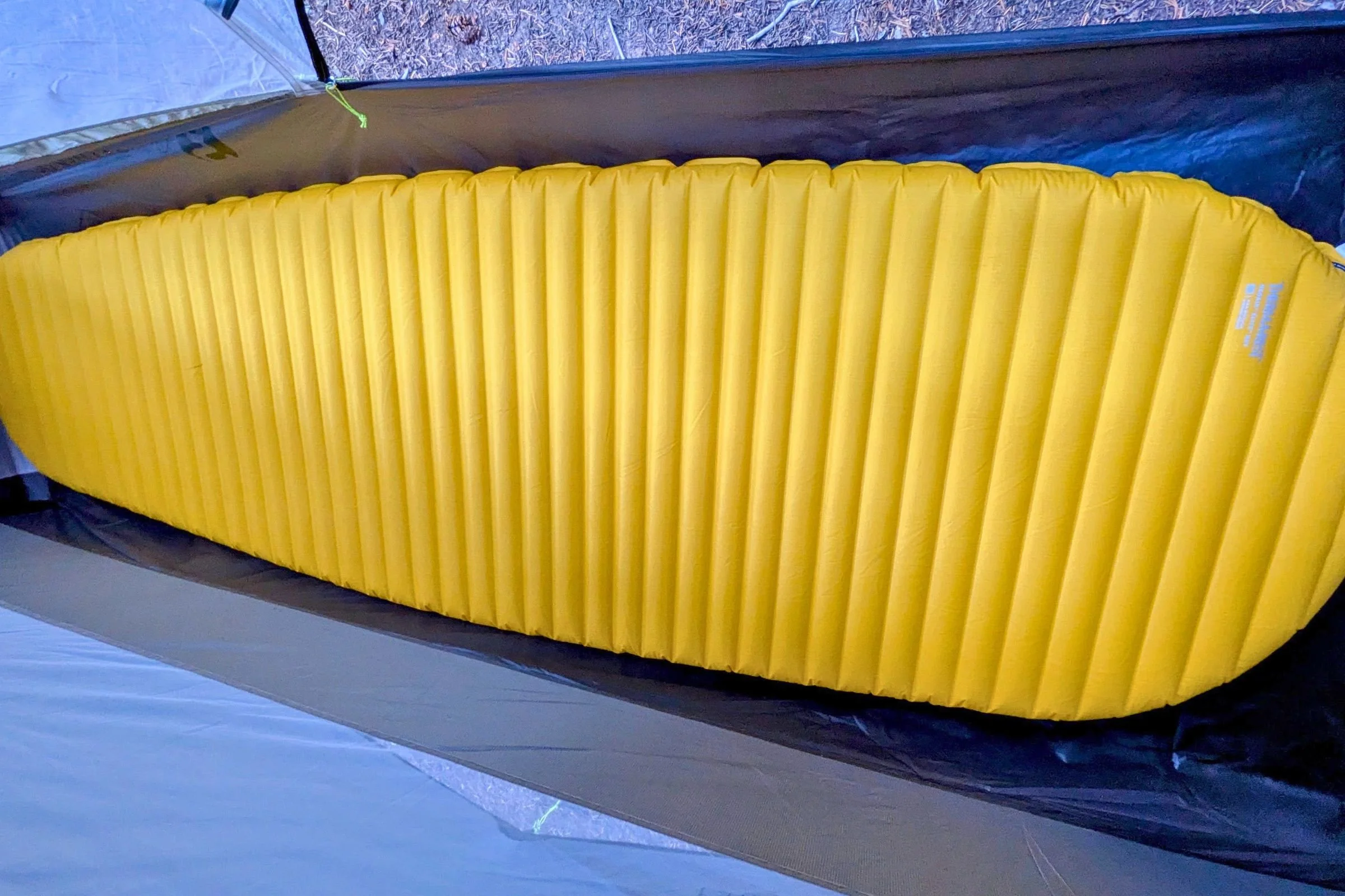 A yellow mummy-shaped sleeping pad inside Gossamer Gear The Free shows the tent’s tapered floor.