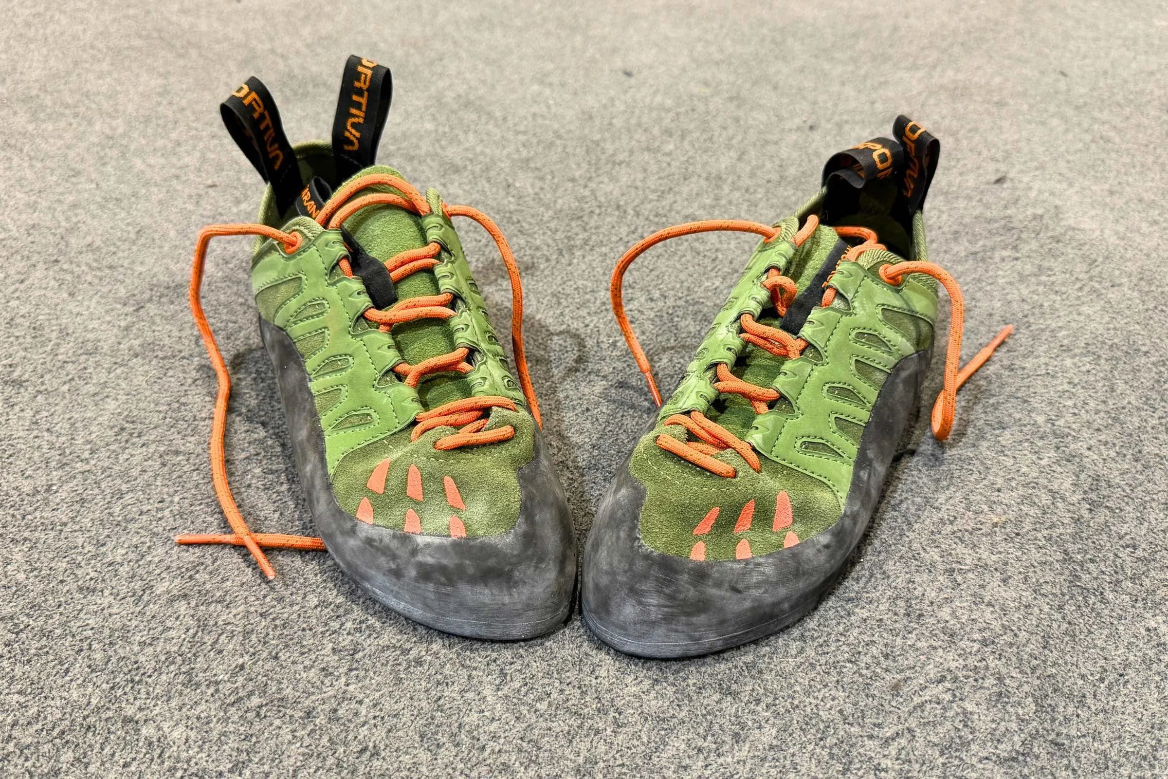La Sportiva Tarantulace on a gym floor