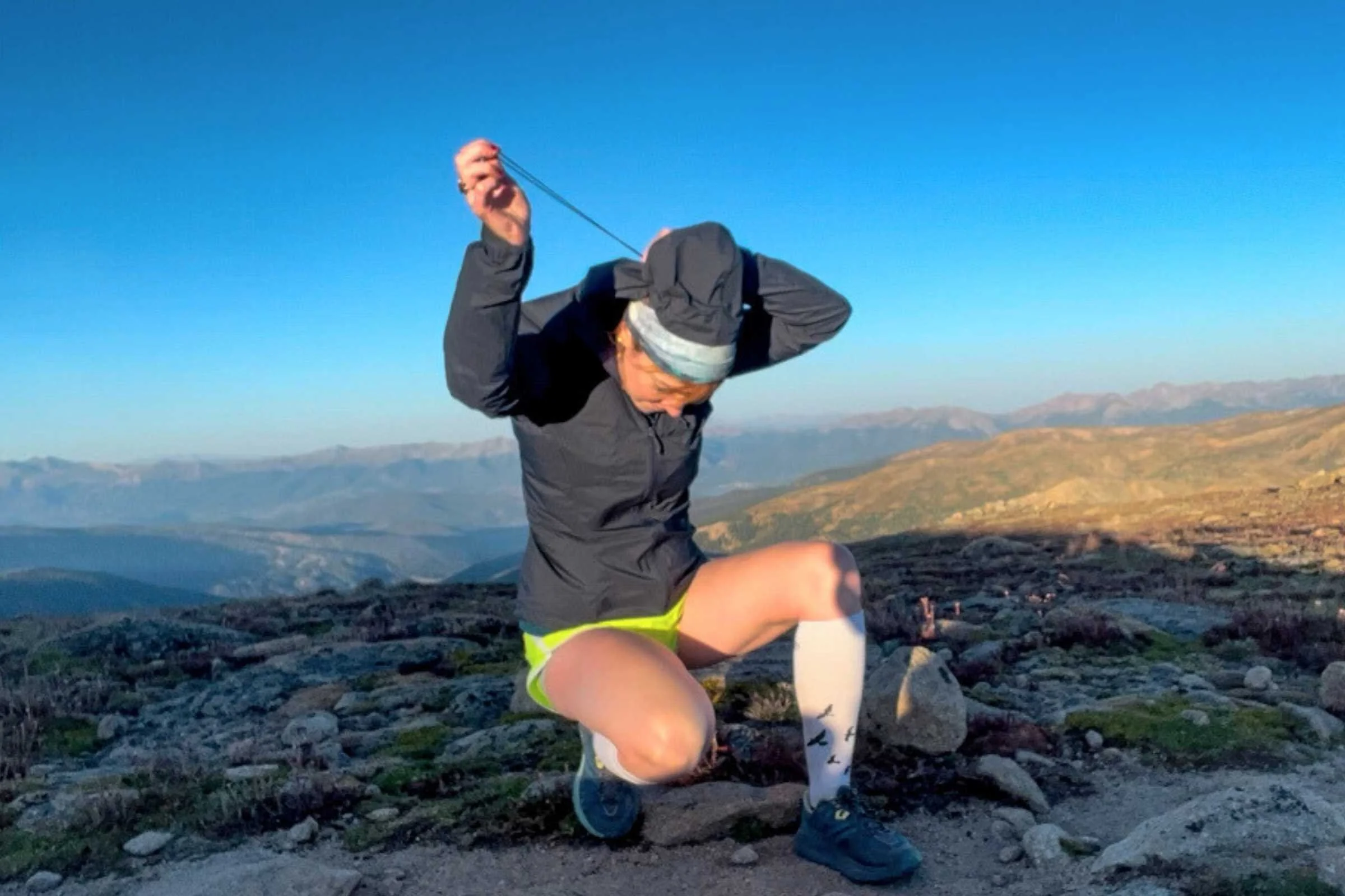 Author adjusting the hood on the Patagonia Houdini Air jacket.