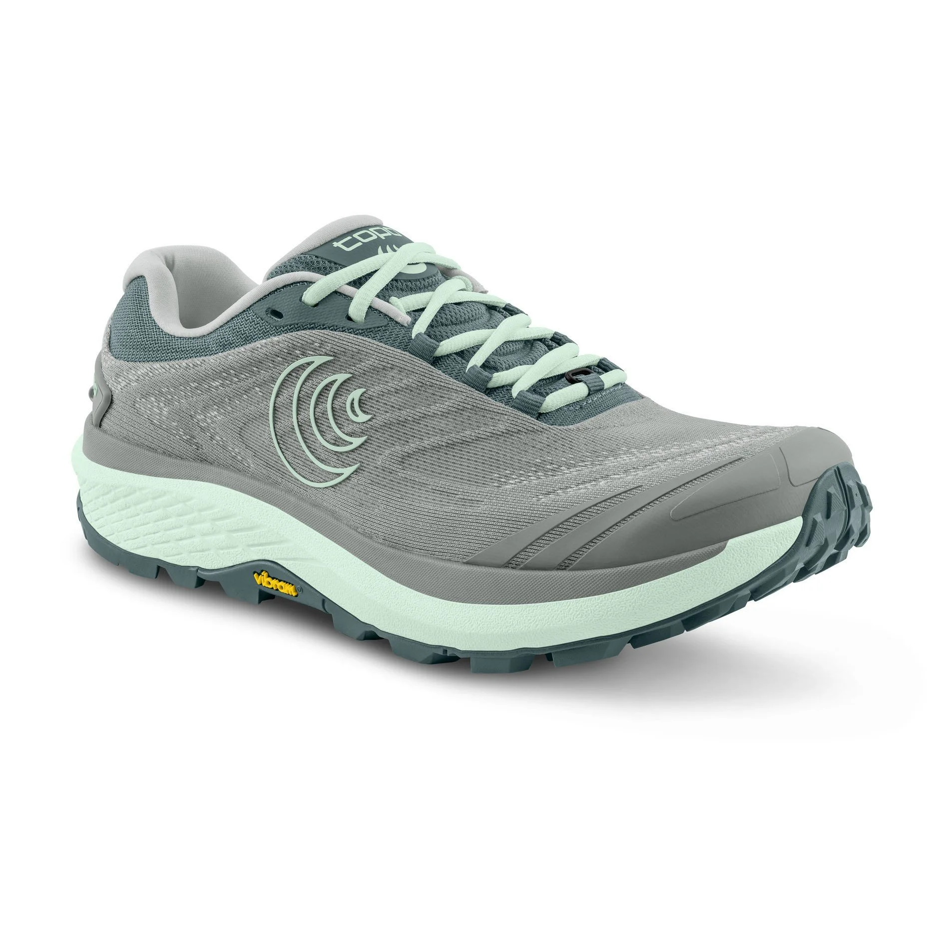 The Topo Athletic Pursuit 2 women's trail running shoe in grey with mint green accents