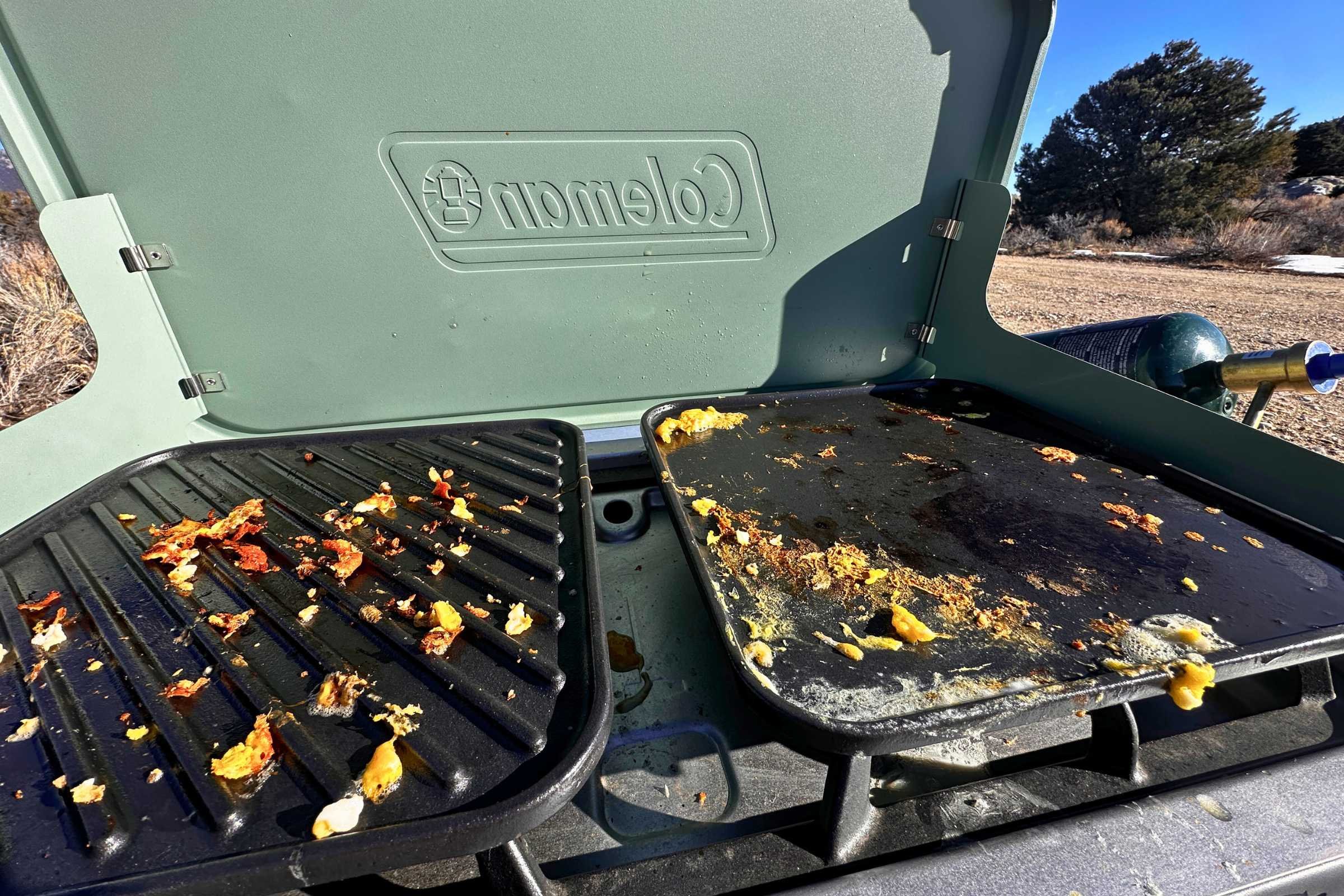 Cast iron attachments on the Cascade 3-in-1 with food residue after cooking.