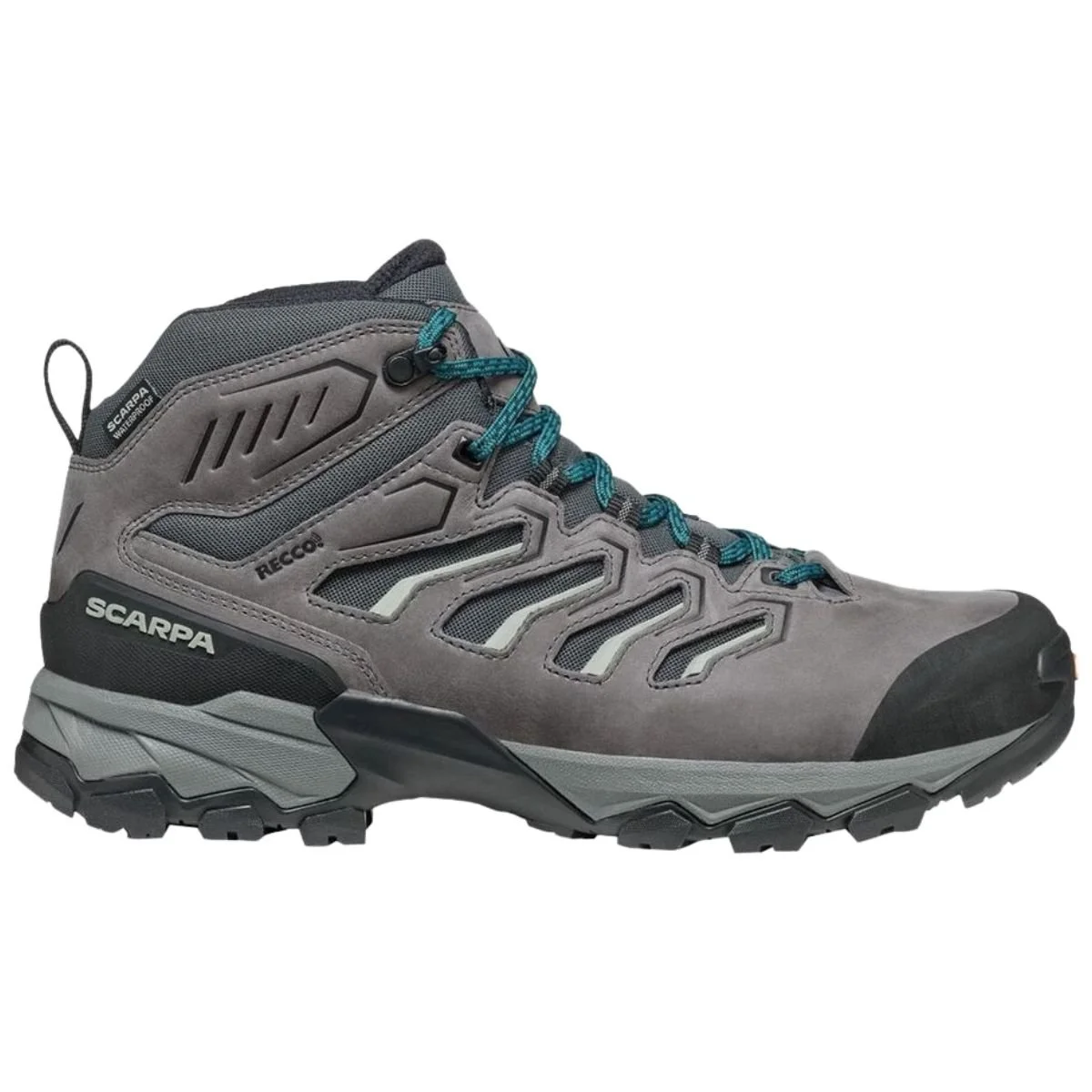 Side view of a gray Scarpa Moraine Mid WP hiking boot with teal laces and a black toe cap.