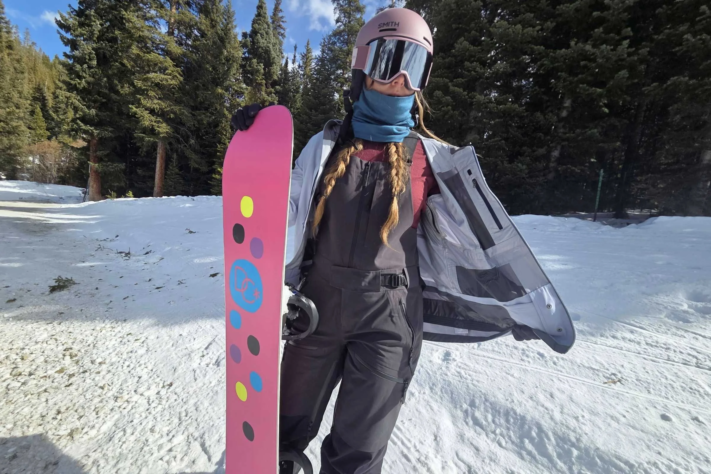 Powder skirt inside the OR Carbide shell snowboard jacket