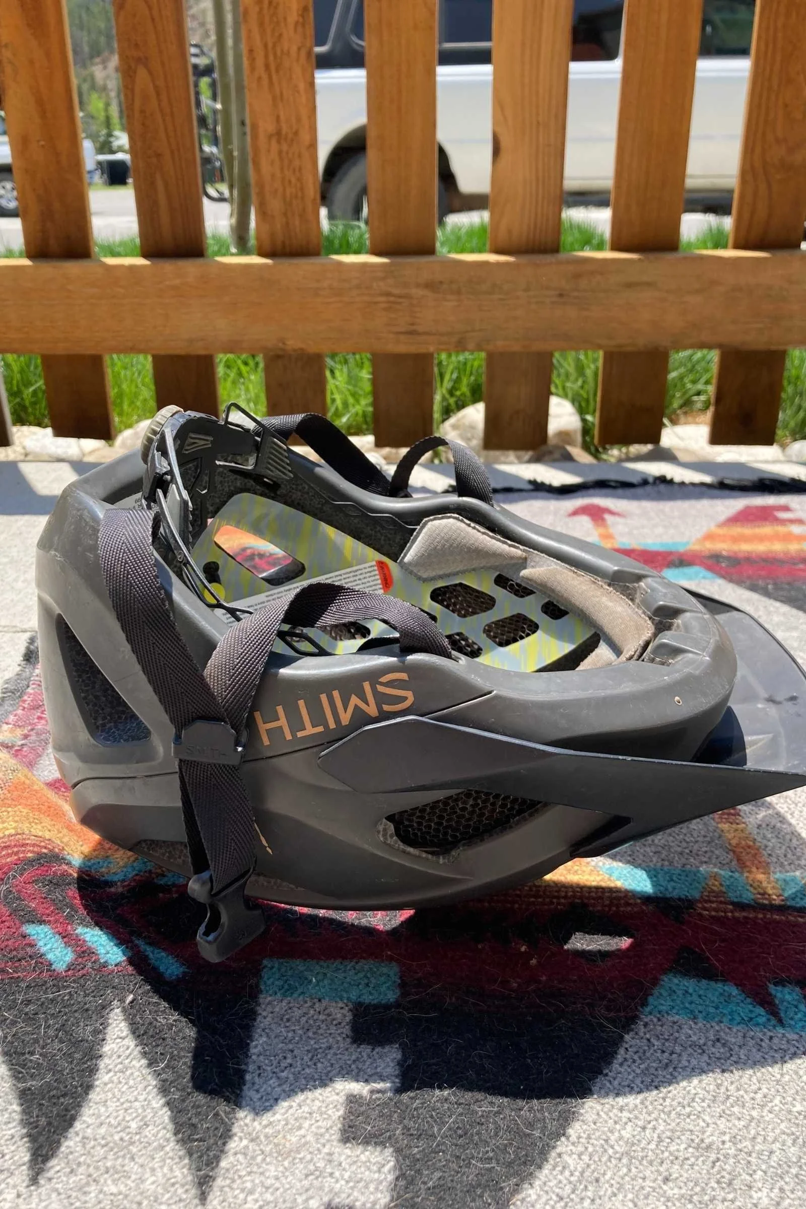 Helmet flipped upside down demonstrating how not to store a MTB helmet