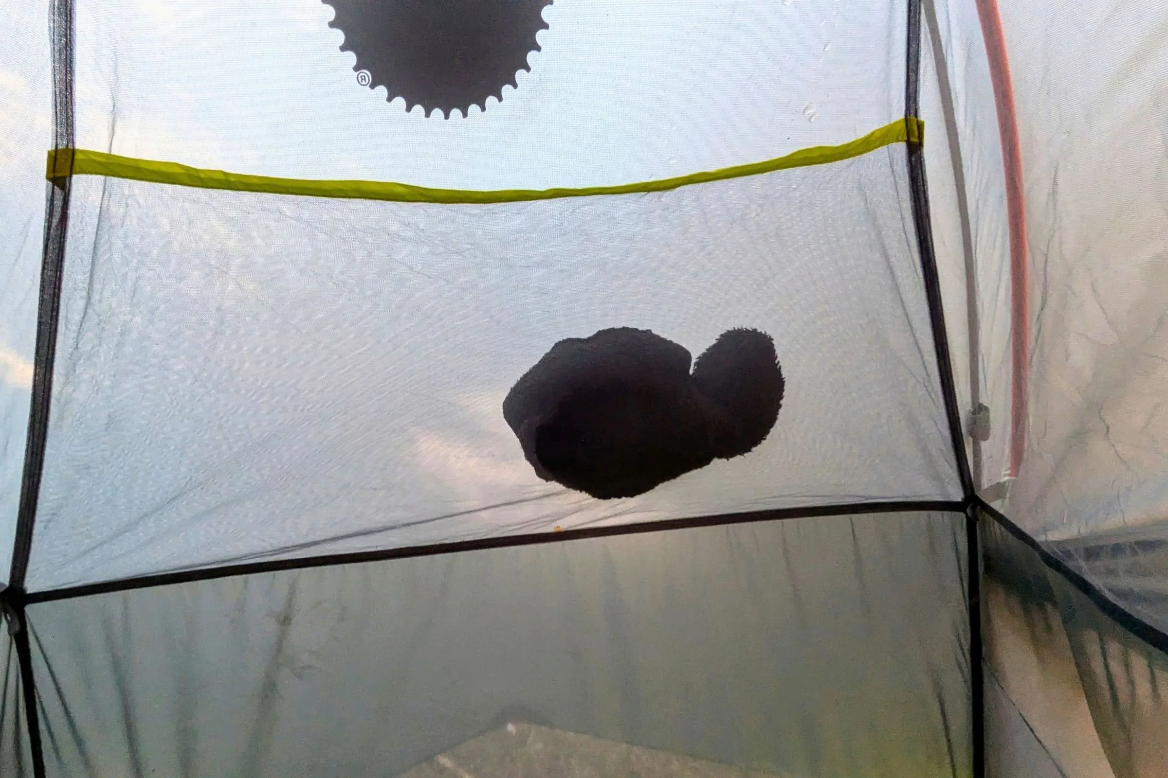 A closeup of the large overhead canopy pocket of the Big Agnes Tiger Wall UL1 Bikepack Tent
