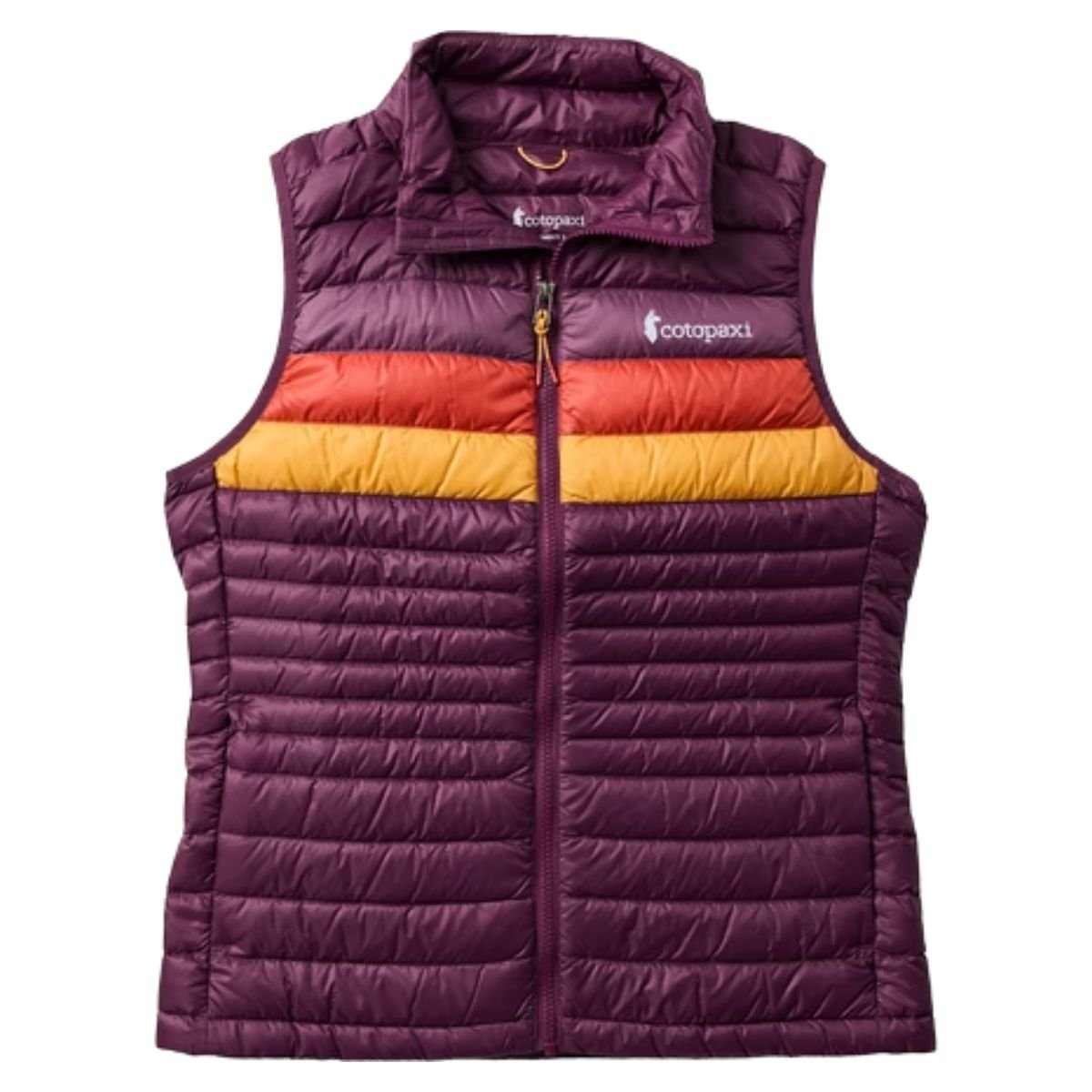 Purple Cotopaxi Fuego Down Vest with orange and yellow chest stripes