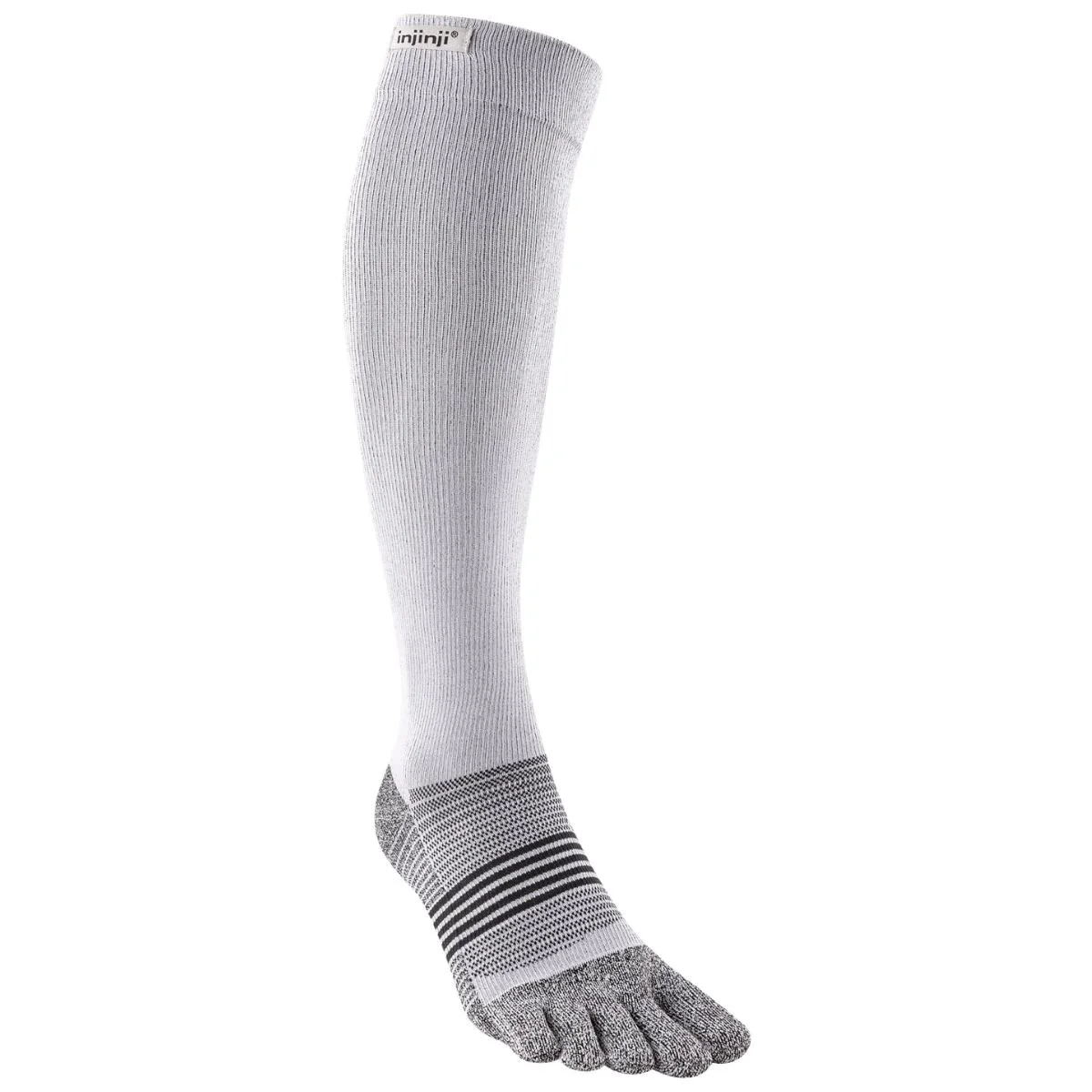 White Injinji Compression Over the Calf Sock with individual toe pockets and gray forefoot stripes