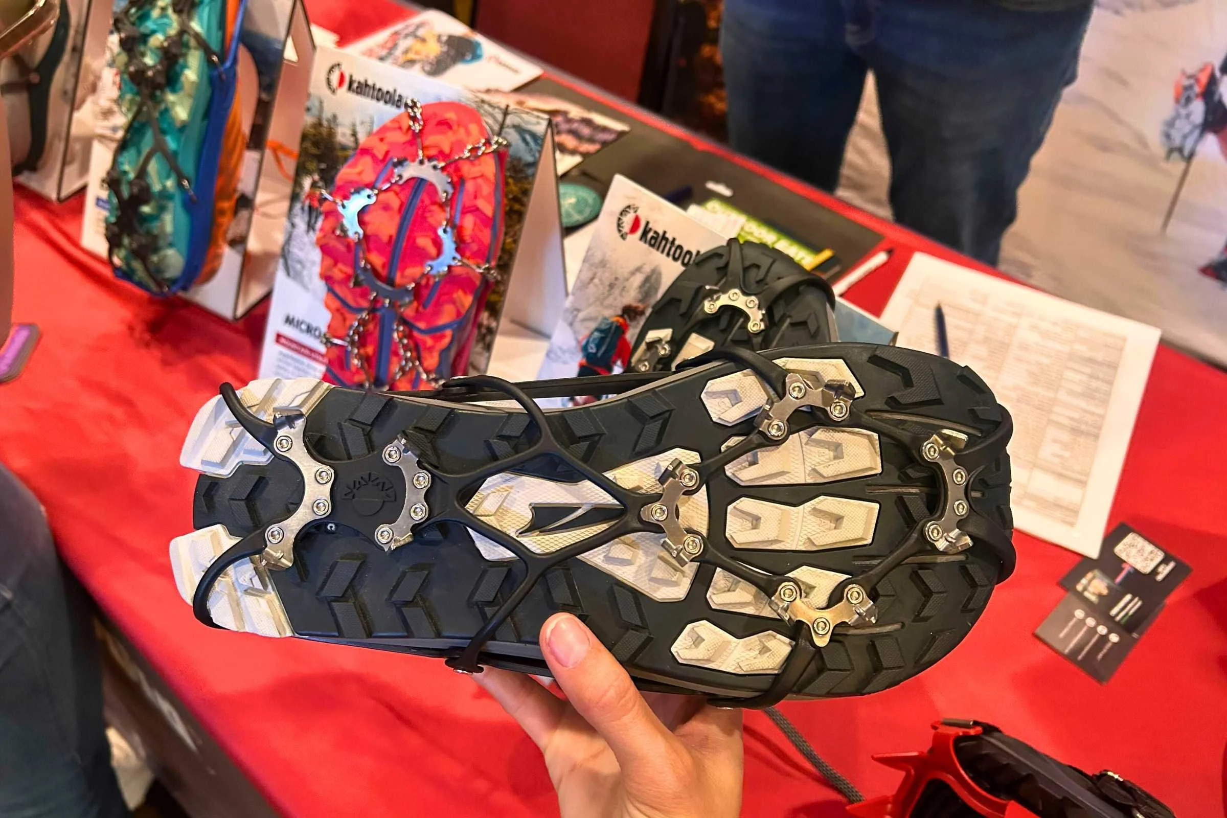 display of the kahtoola microspikes ghost on a model shoe