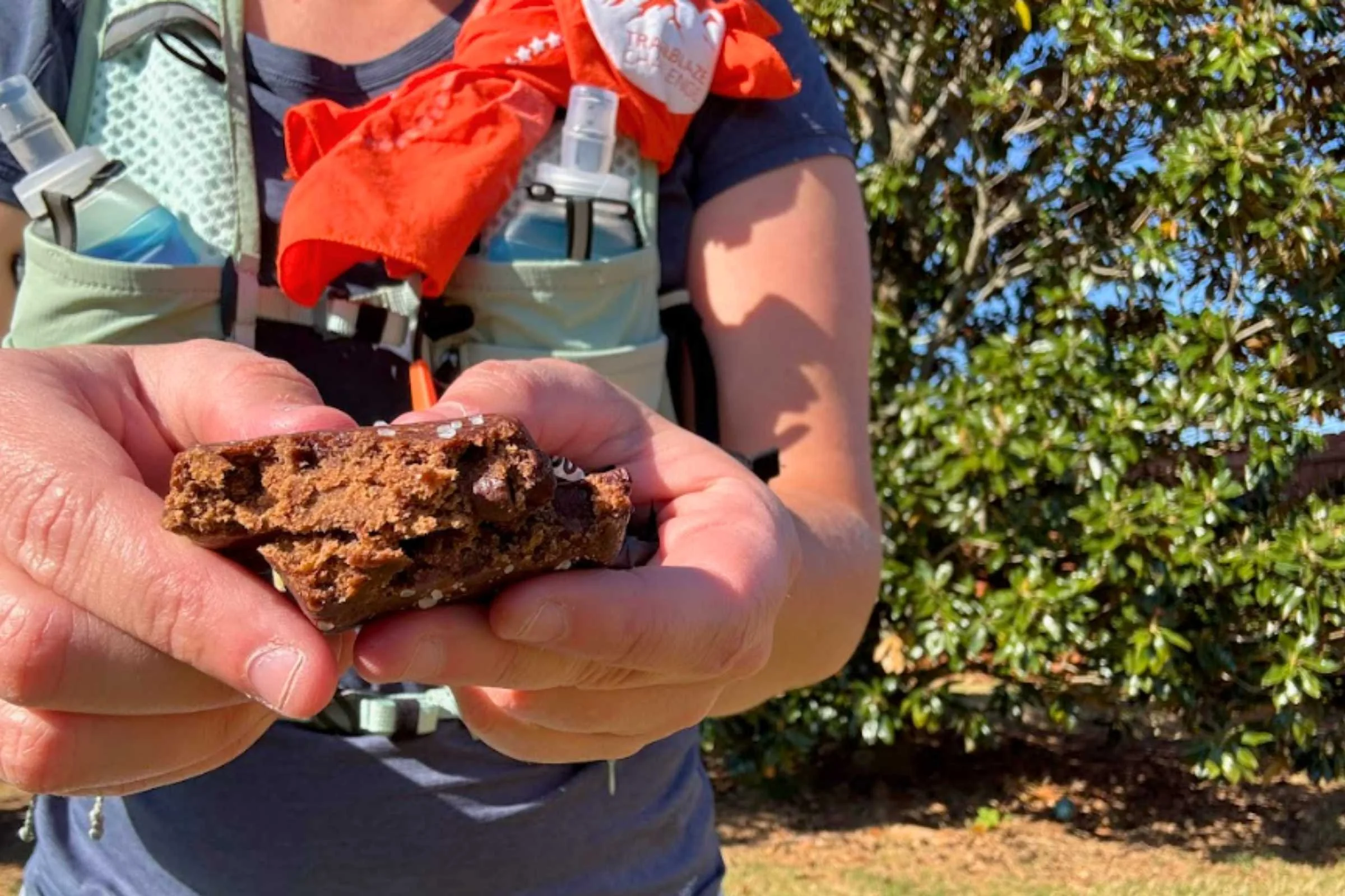 person holding an RXBAR split in half