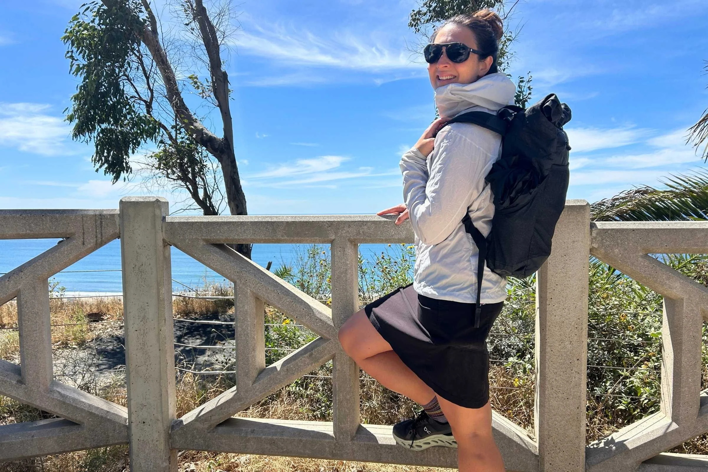 author wearing the ula ultra node 20l backpack on a sunny hike