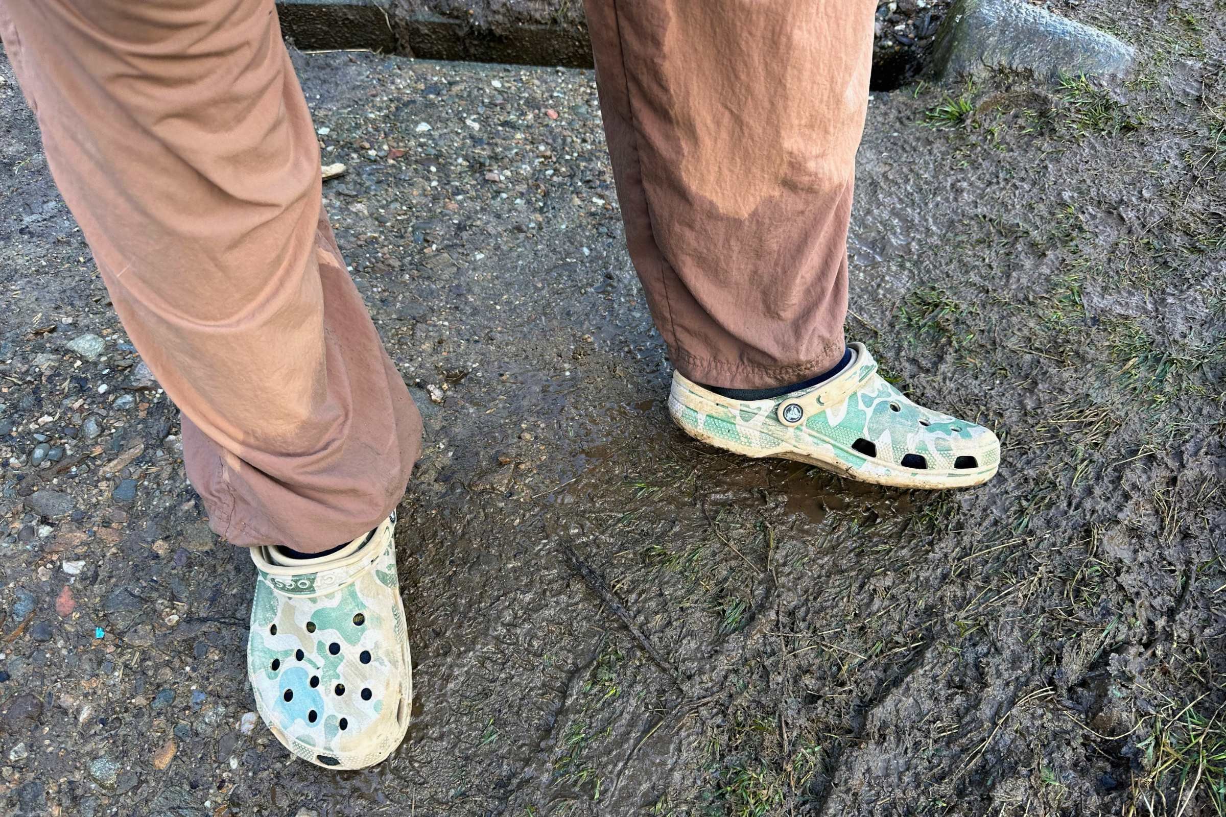The author’s regular, non-rain pants wet after rain blew in through the ankle zippers.