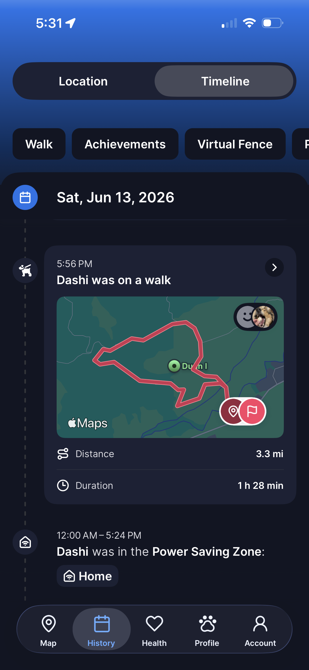 Tractive dog 6 location timeline