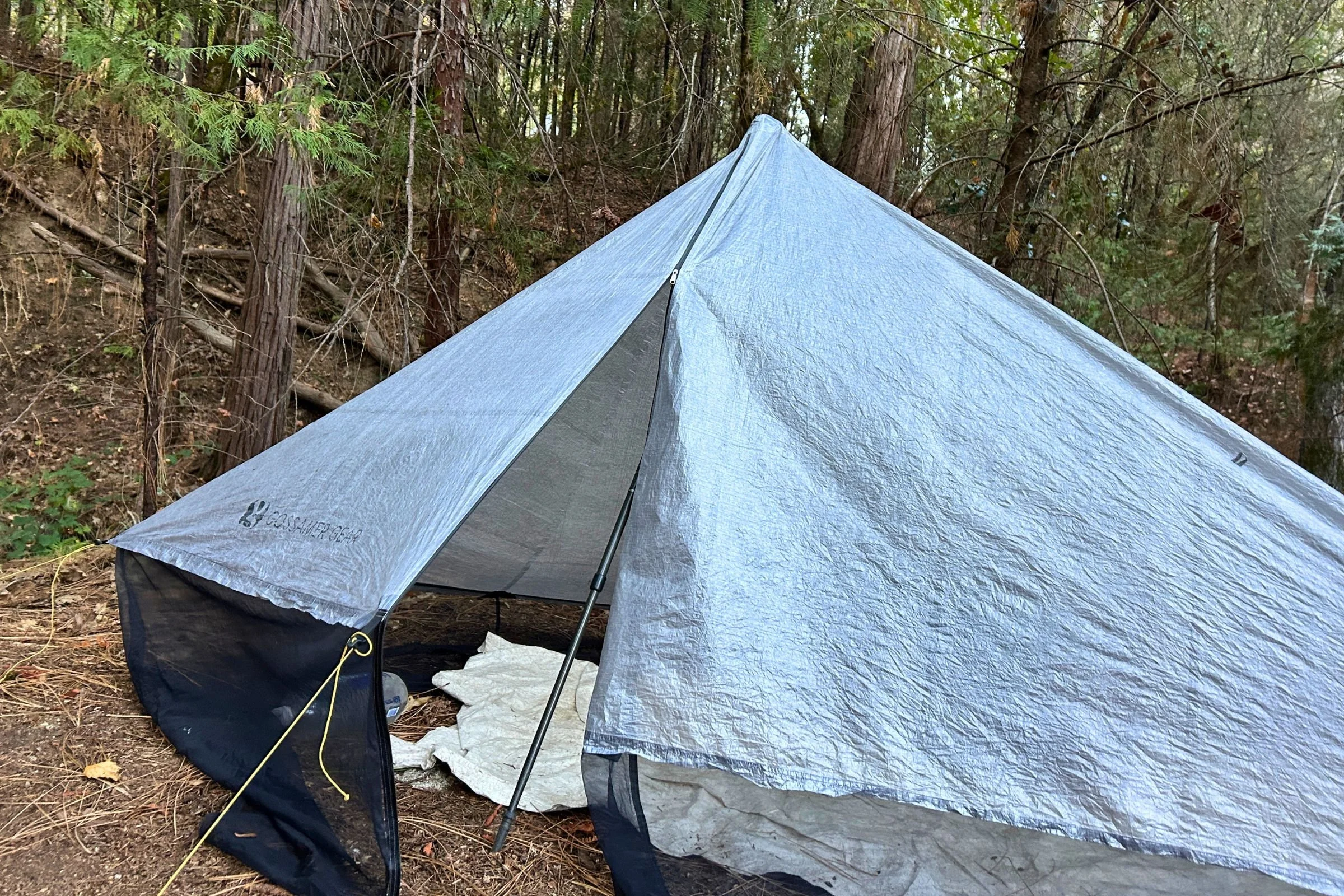 Gossamer Gear The DCF Whisper Tent positioned in the woods with a sleeping bag visible inside.