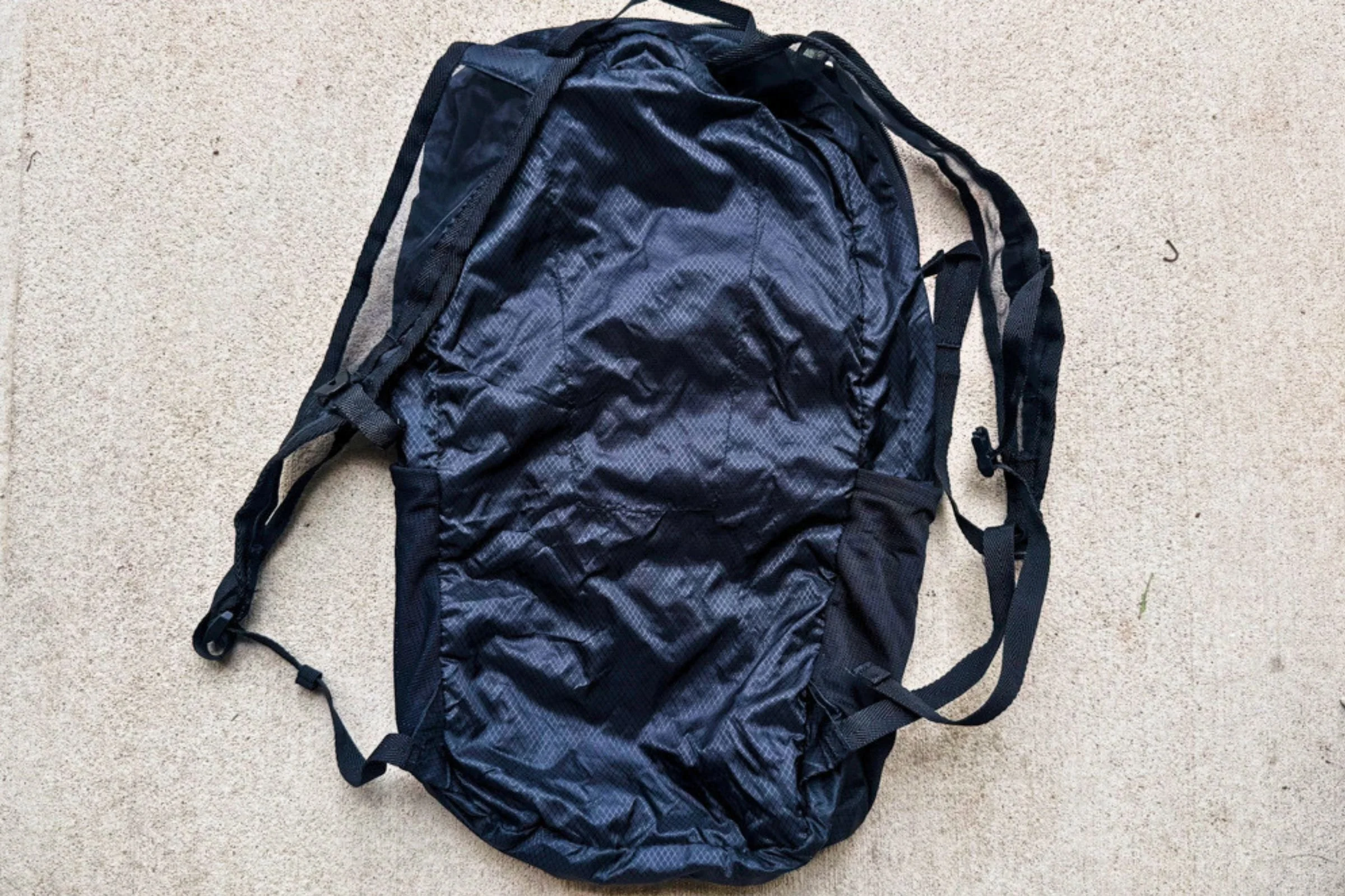 Black Eagle Creek Packable Backpack standing upright on the ground, showing its back panel.