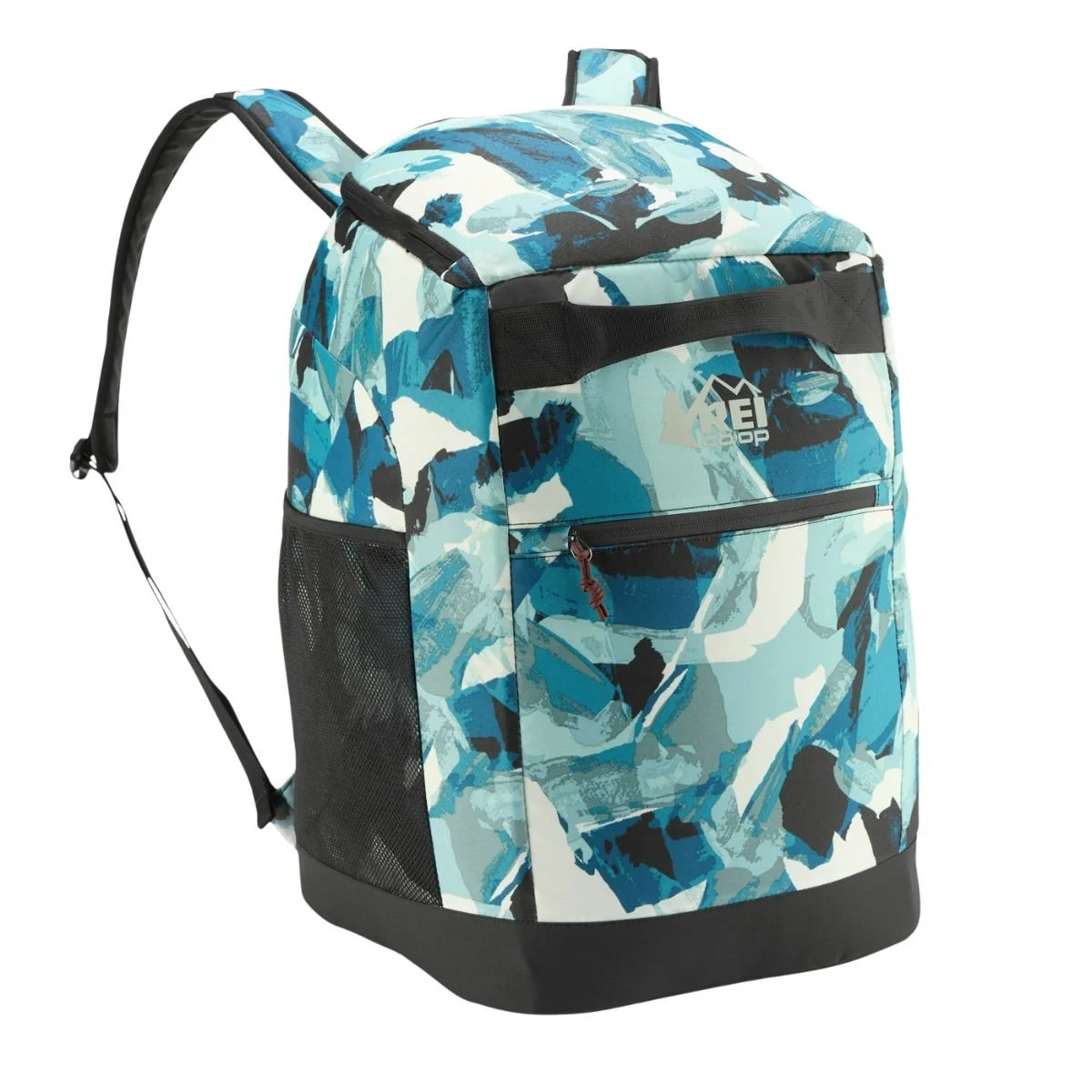 Blue patterned REI Co-op Powderbound Boot Pack with backpack straps and front buckles