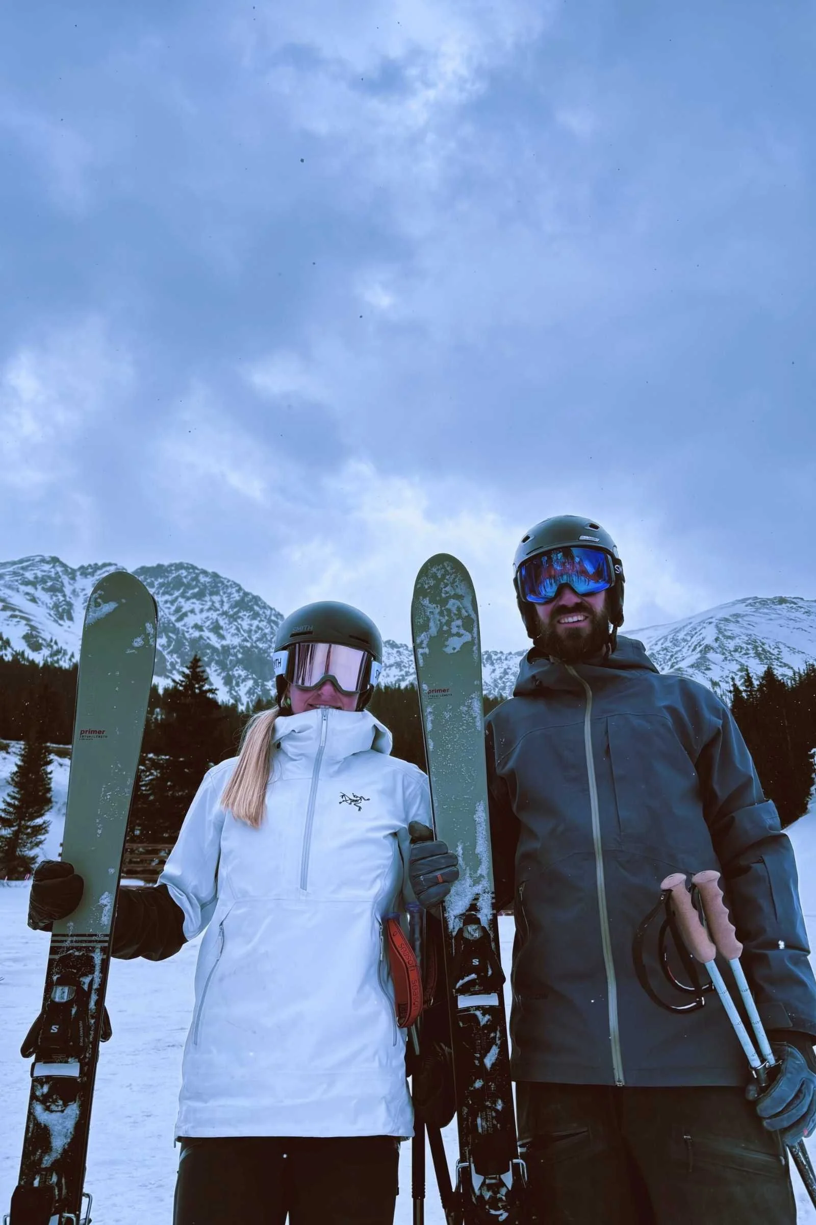 Our primary men’s and women’s ski testers with the Season Primer at Arapahoe Basin. Photo by Jacob Callaghan.