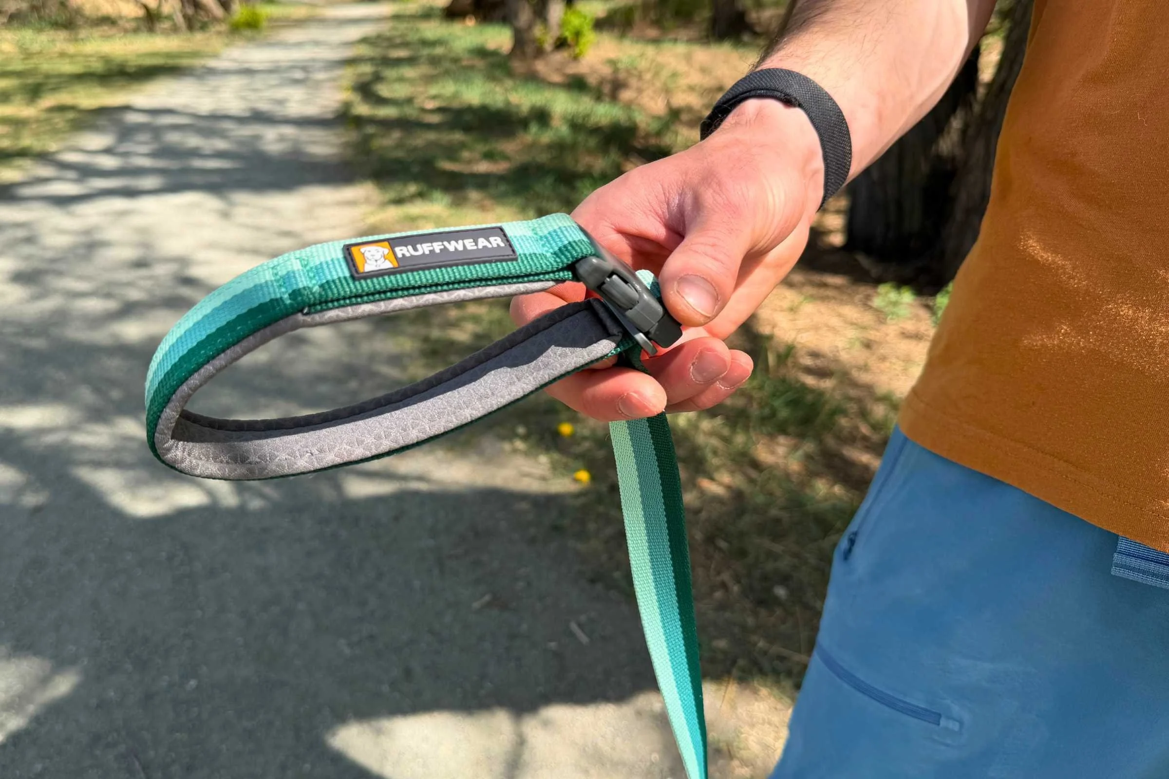 Person holding padded leash handle