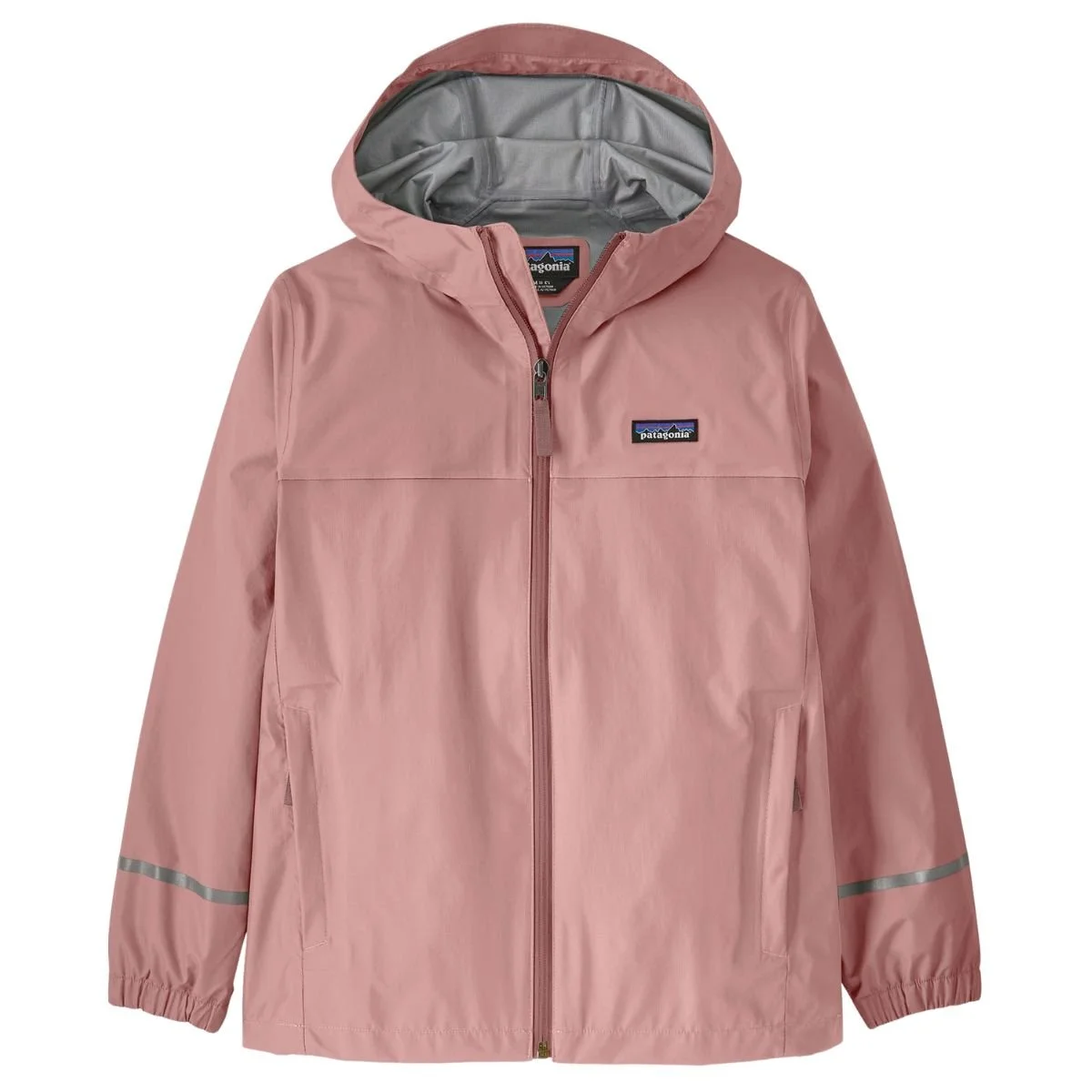 Pink Patagonia Torrentshell 3L Rain Jacket with a hood and zippered hand pockets