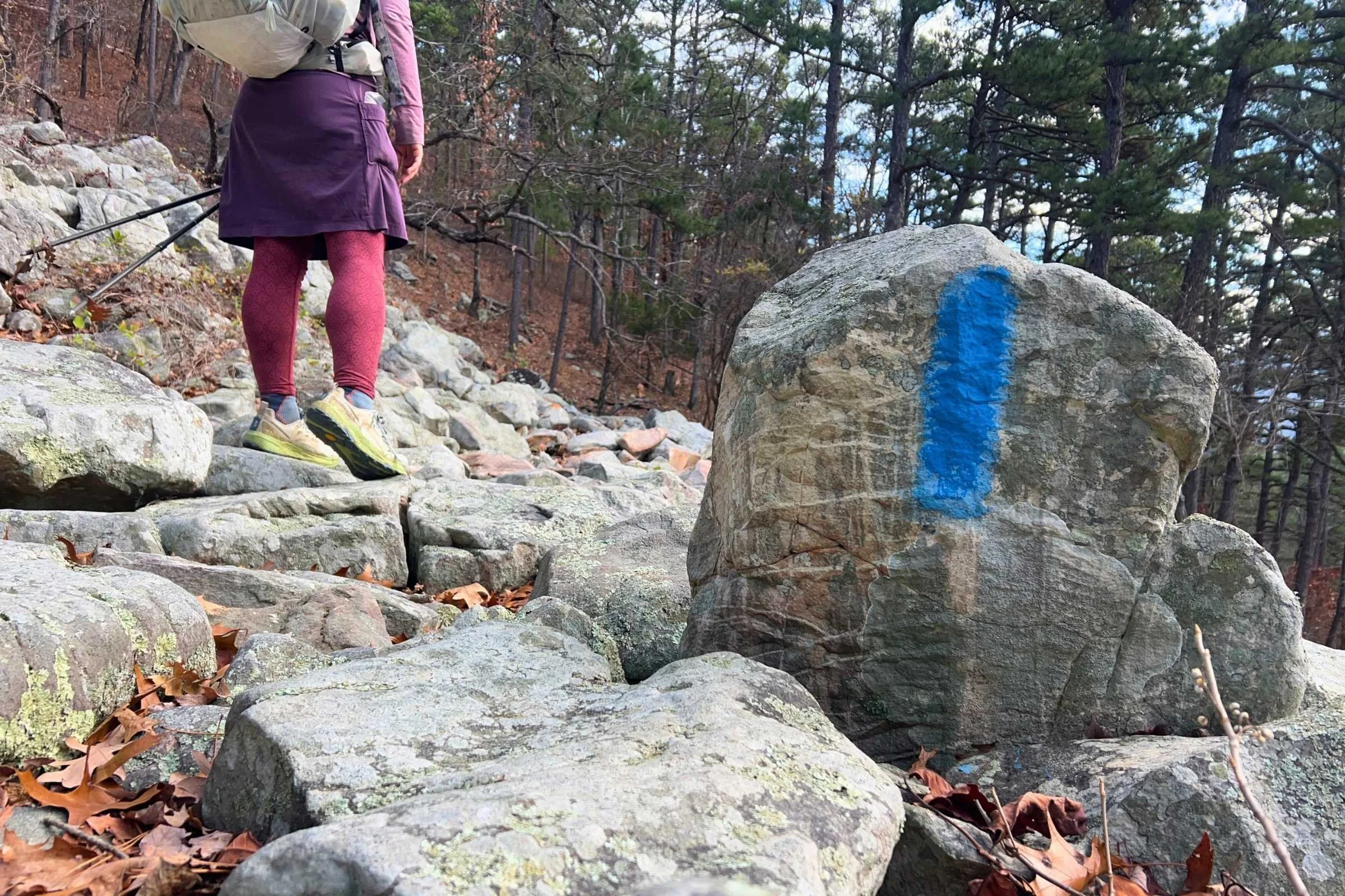 Blue blaze trail marker painted on a boulder along the rocky Ouachita Trail