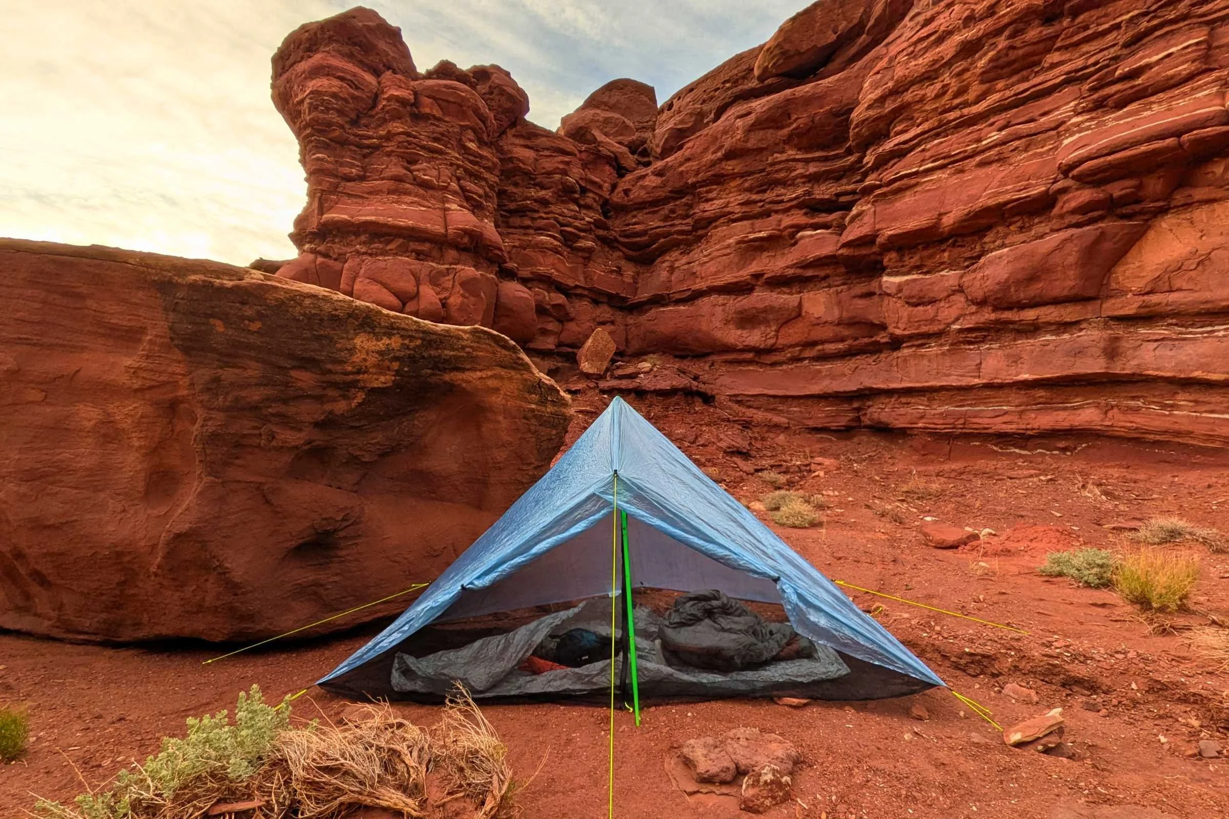 Zpacks Hexamid Ultralight Tent set up in the desert near a mountain