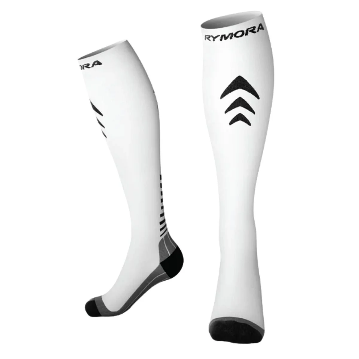 White Rymora Compression Socks with black toes, heels, and chevron markings