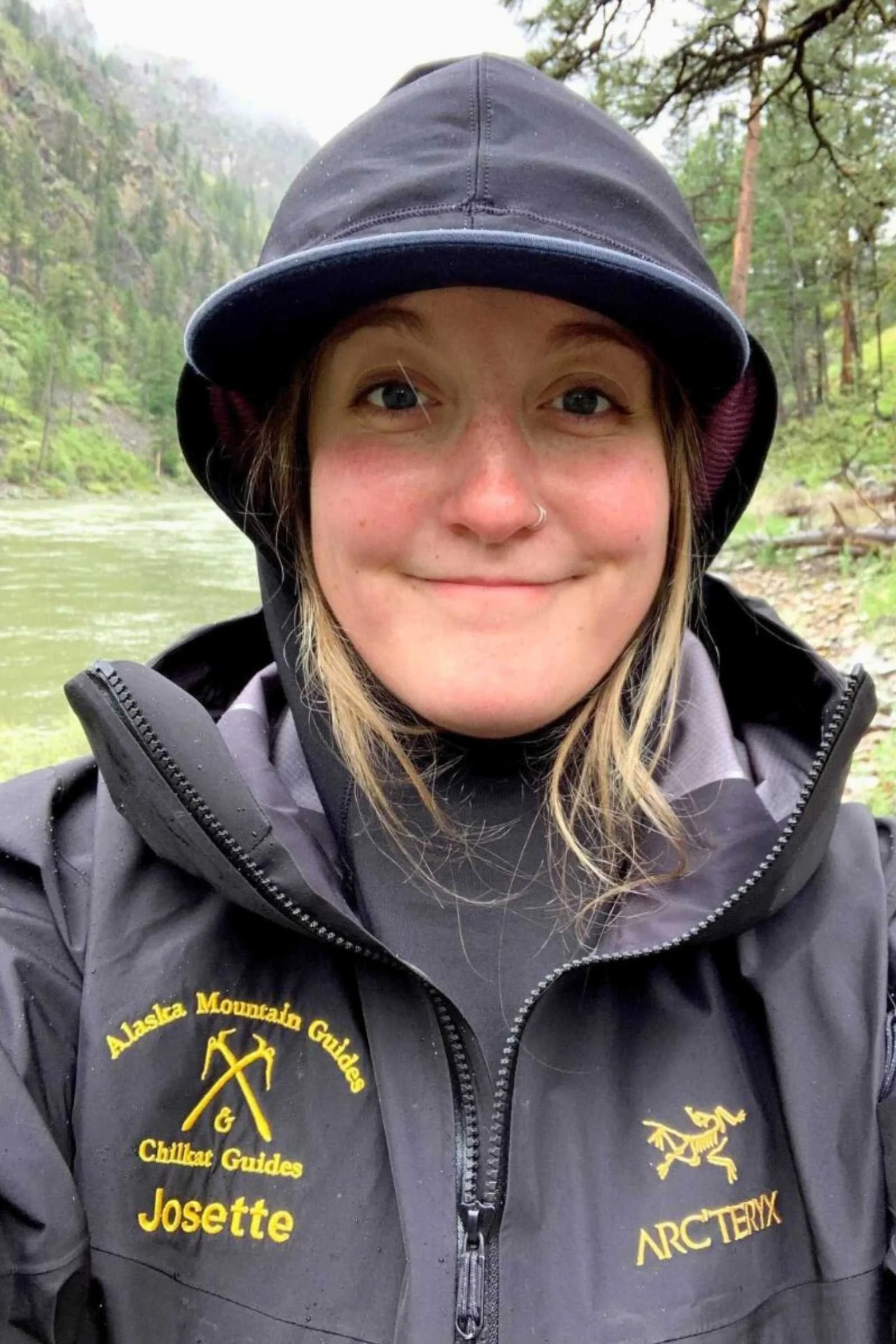 Selfie of writer Josette wearing the Arc'teryx SV Hardshell Jacket